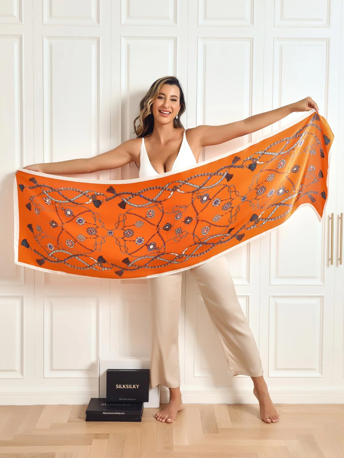 Foulard Châle Long Rectangulaire 100% Soie de Mûrier Imprimé 170x53cm - Image 6