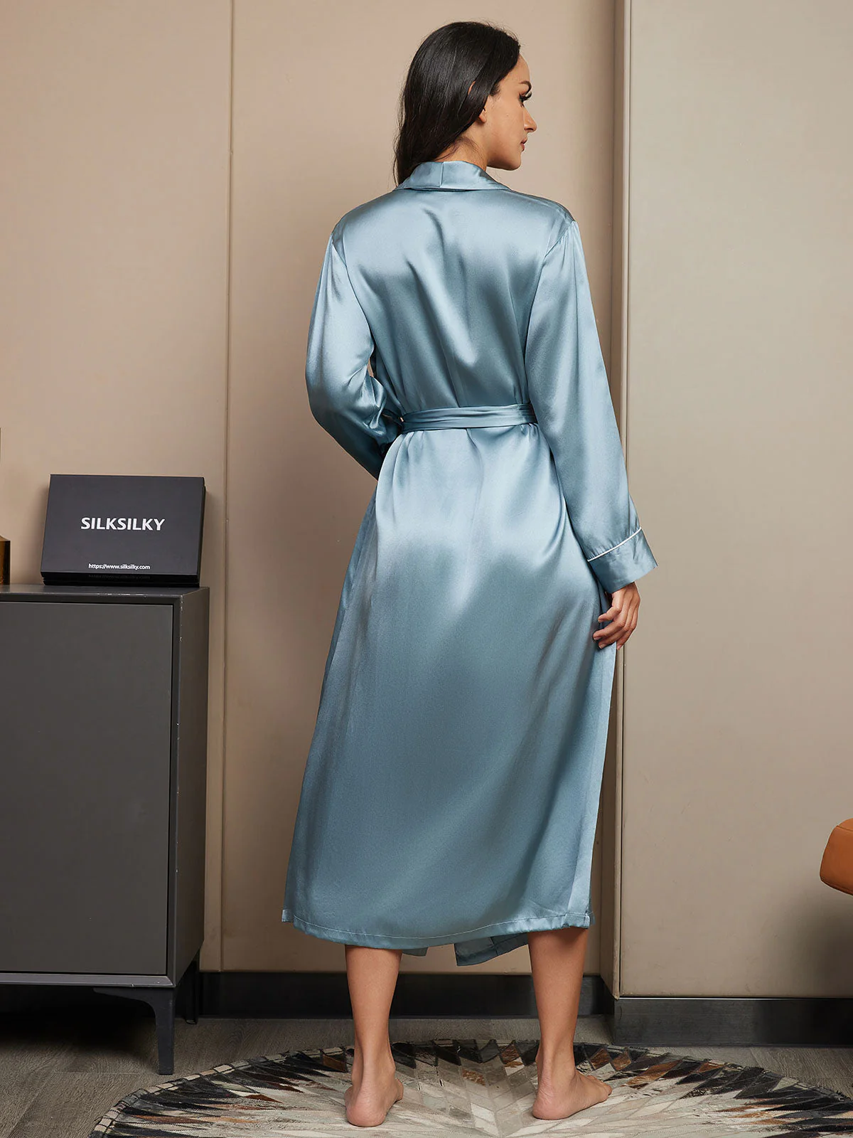 Peignoir Wrap Midi À Manches Longues En Pure Soie 19 Momme Pour Femme - Image 21