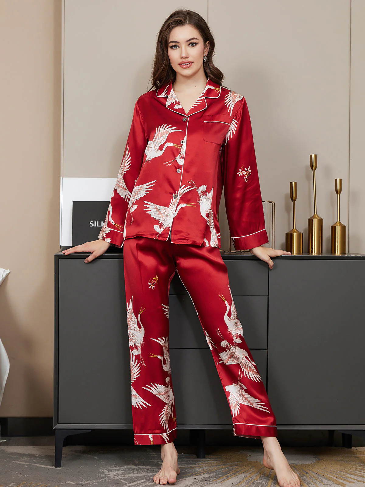 Ensemble De Pyjama En Soie Pure 19Momme À Manches Longues Pour Femme Avec Imprimé Grue - Image 13