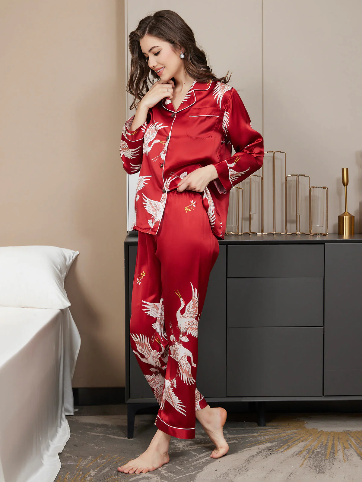 Ensemble De Pyjama En Soie Pure 19Momme À Manches Longues Pour Femme Avec Imprimé Grue - Image 14