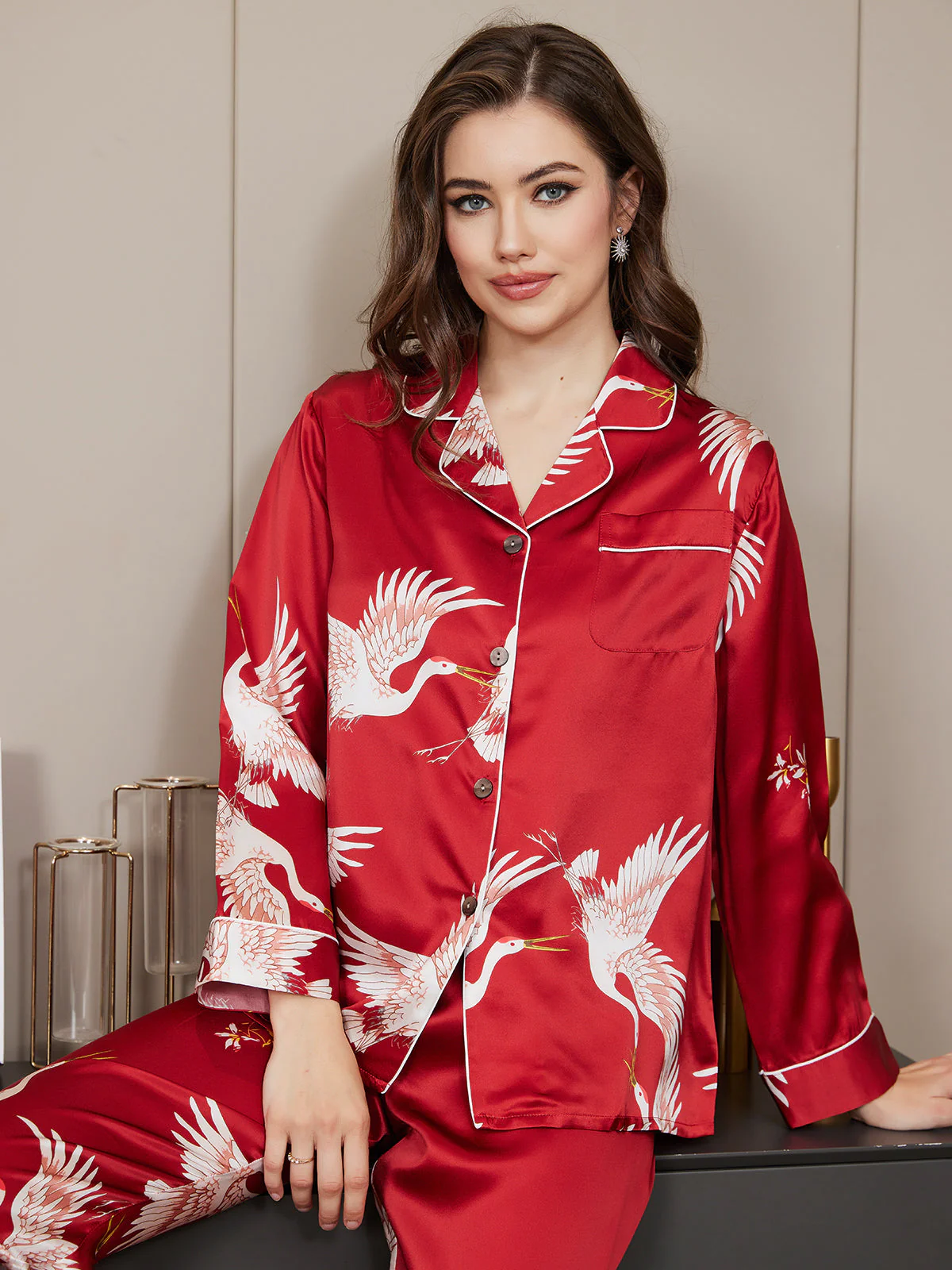 Ensemble De Pyjama En Soie Pure 19Momme À Manches Longues Pour Femme Avec Imprimé Grue - Image 15