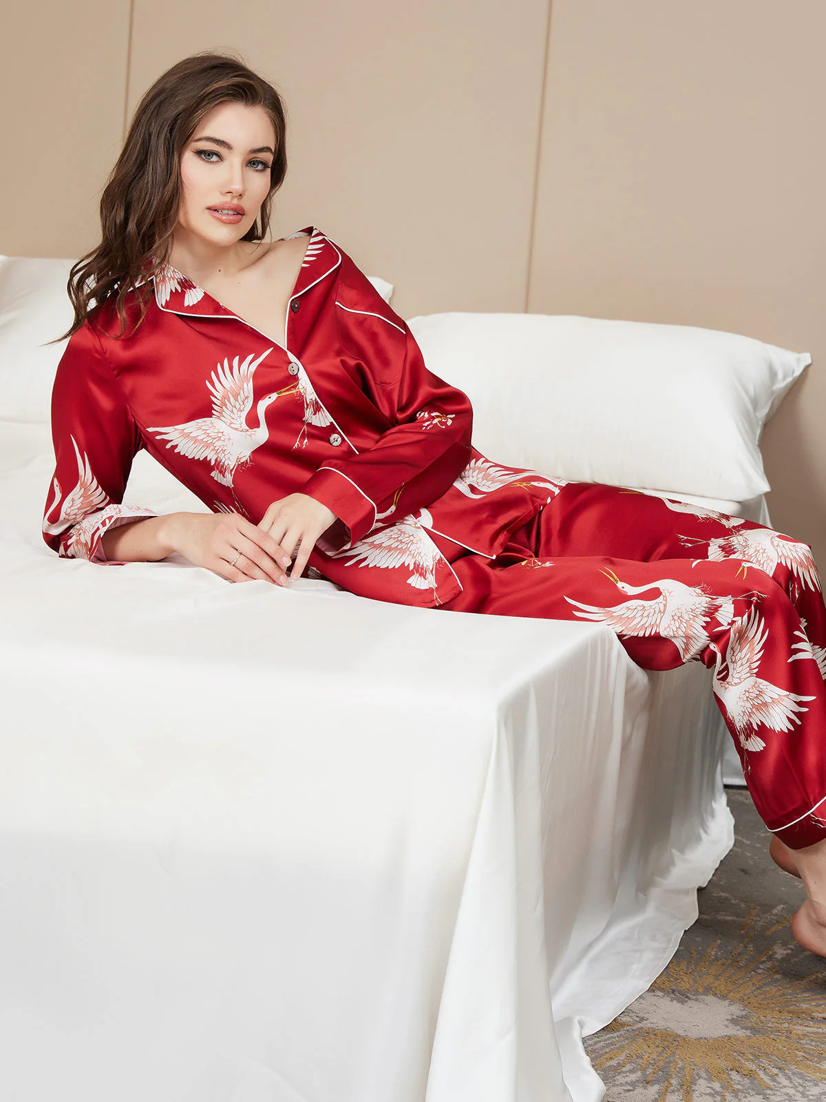 Ensemble De Pyjama En Soie Pure 19Momme À Manches Longues Pour Femme Avec Imprimé Grue - Image 18