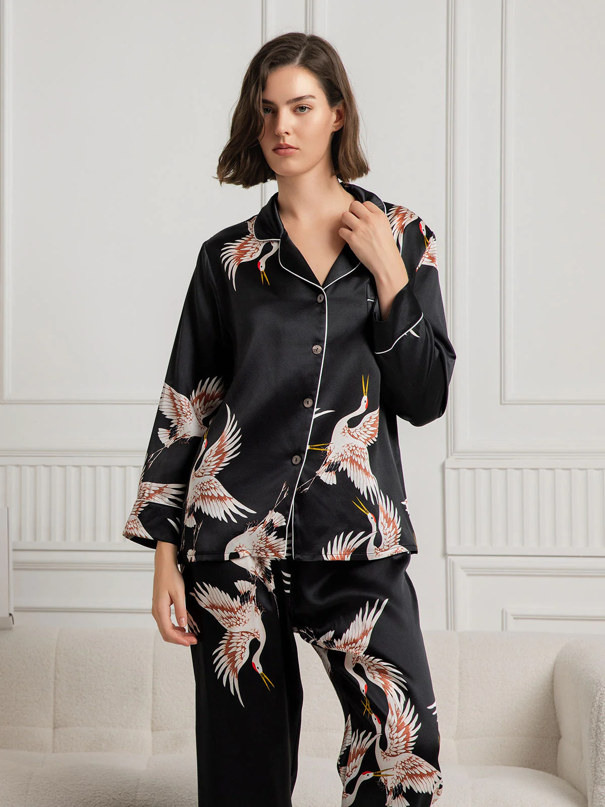 Ensemble De Pyjama En Soie Pure 19Momme À Manches Longues Pour Femme Avec Imprimé Grue - Image 21