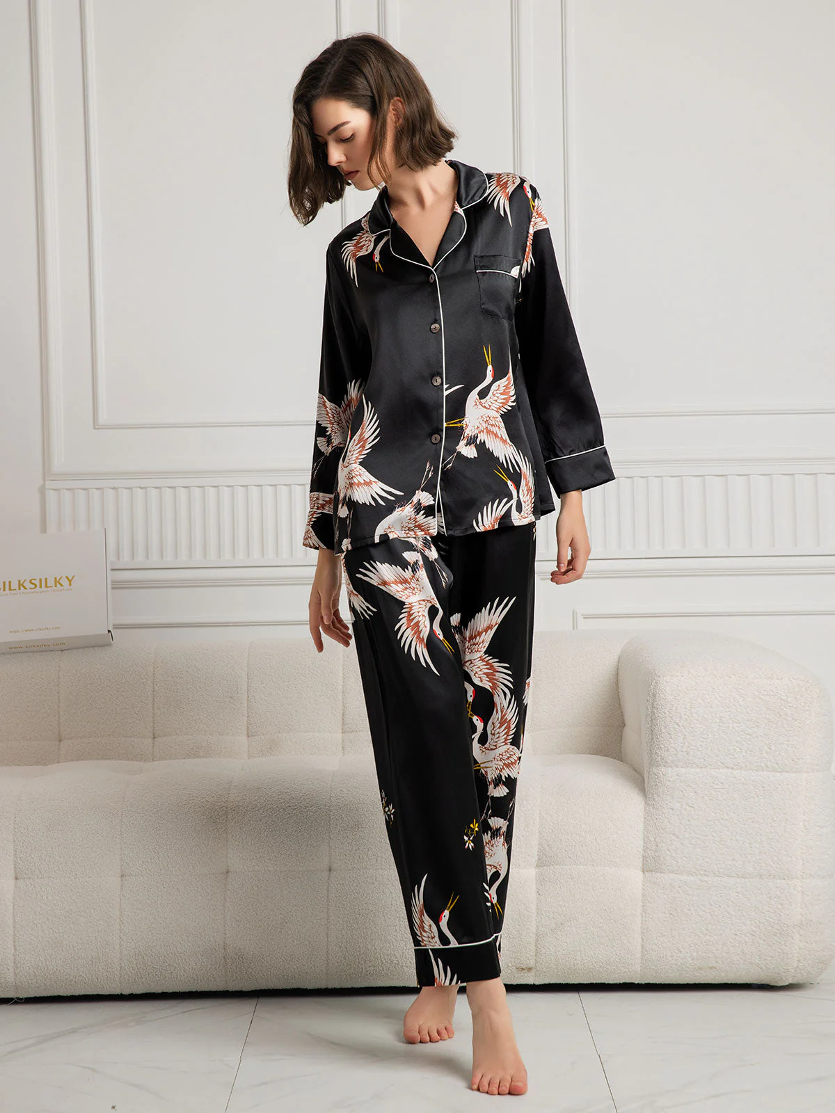 Ensemble De Pyjama En Soie Pure 19Momme À Manches Longues Pour Femme Avec Imprimé Grue - Image 22