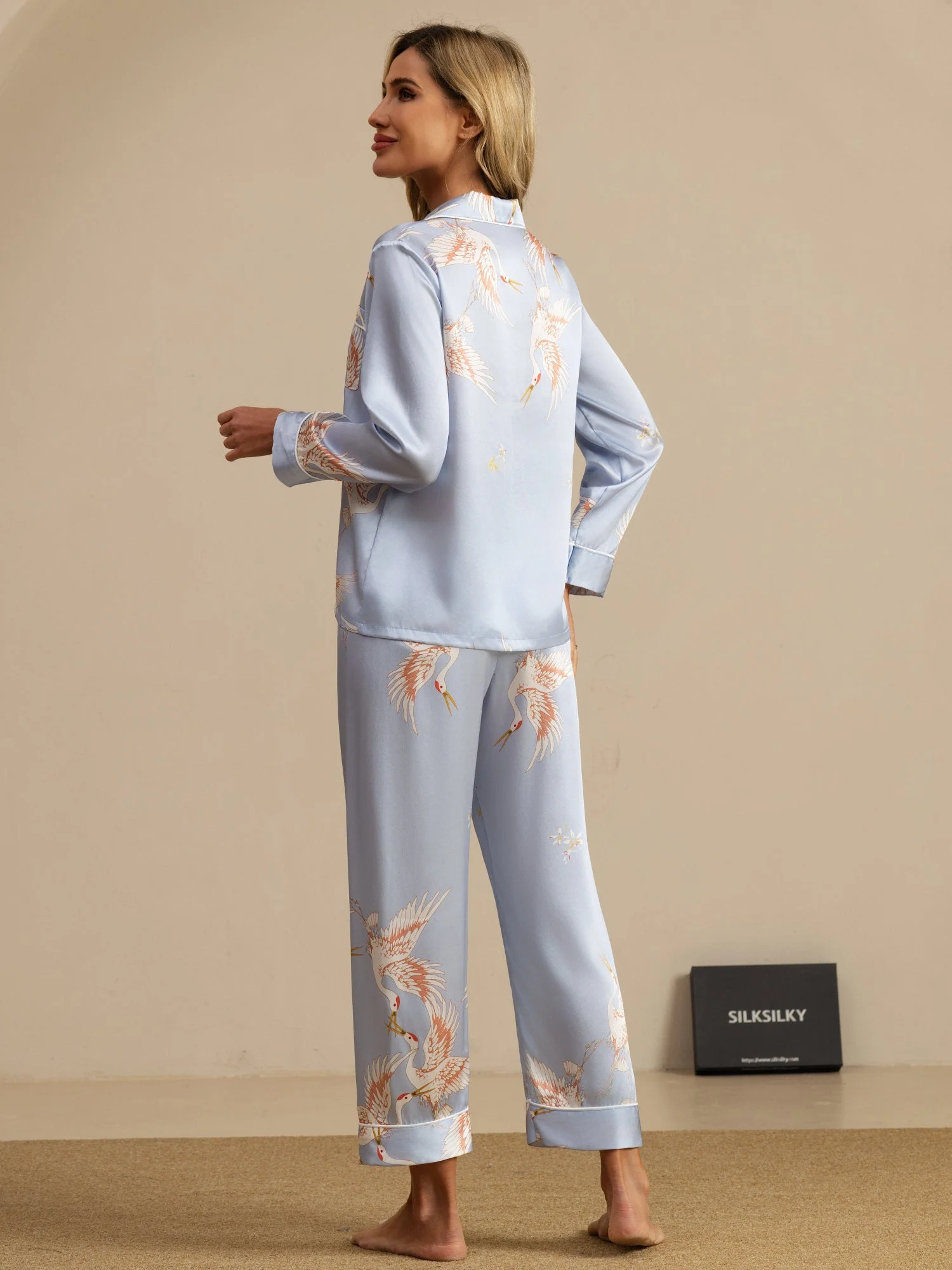 Ensemble De Pyjama En Soie Pure 19Momme À Manches Longues Pour Femme Avec Imprimé Grue - Image 34