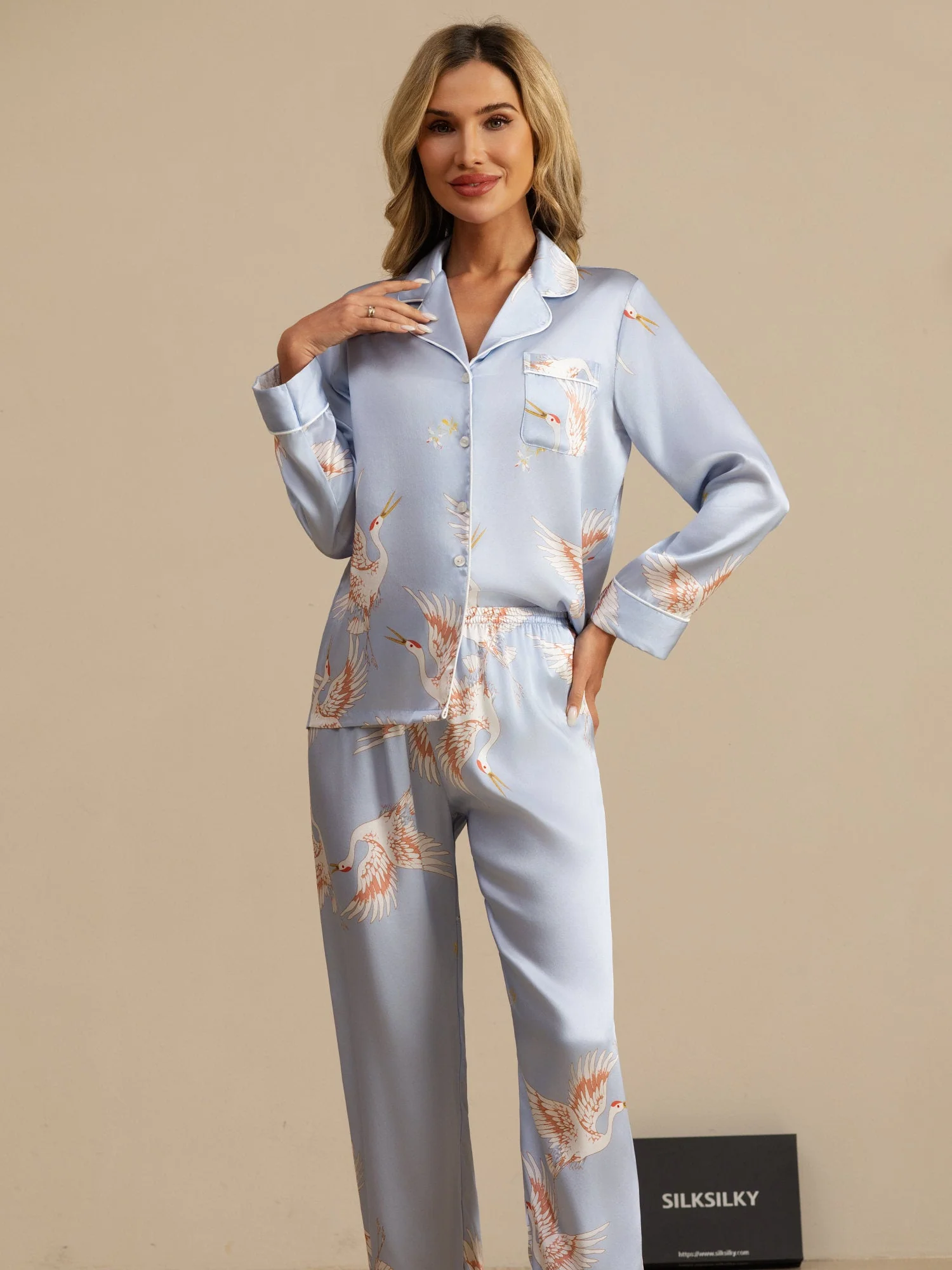 Ensemble De Pyjama En Soie Pure 19Momme À Manches Longues Pour Femme Avec Imprimé Grue - Image 36