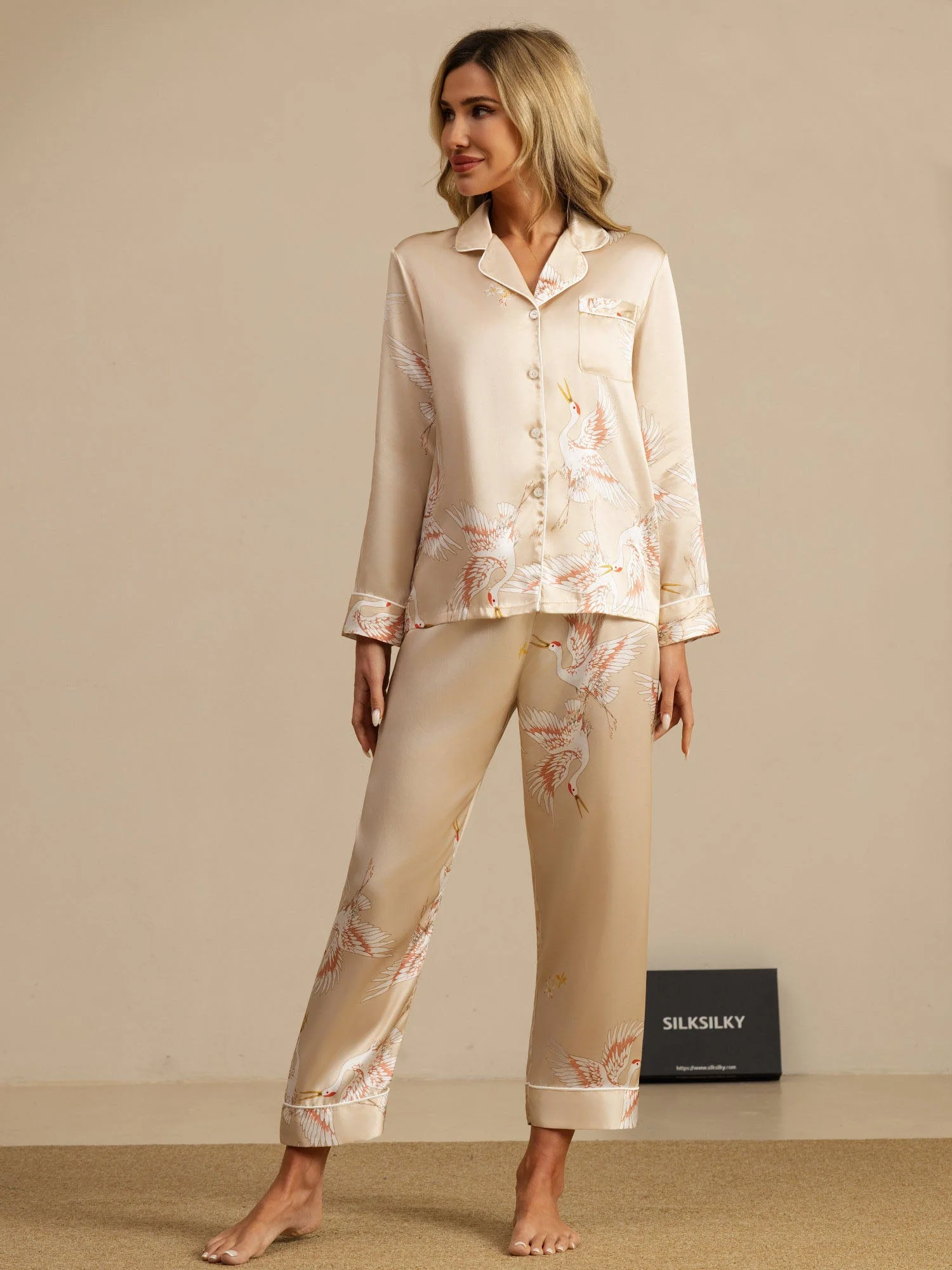 Ensemble De Pyjama En Soie Pure 19Momme À Manches Longues Pour Femme Avec Imprimé Grue - Image 40
