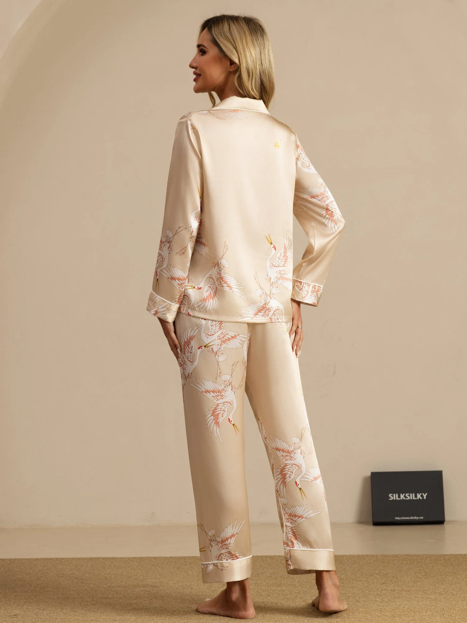 Ensemble De Pyjama En Soie Pure 19Momme À Manches Longues Pour Femme Avec Imprimé Grue - Image 41