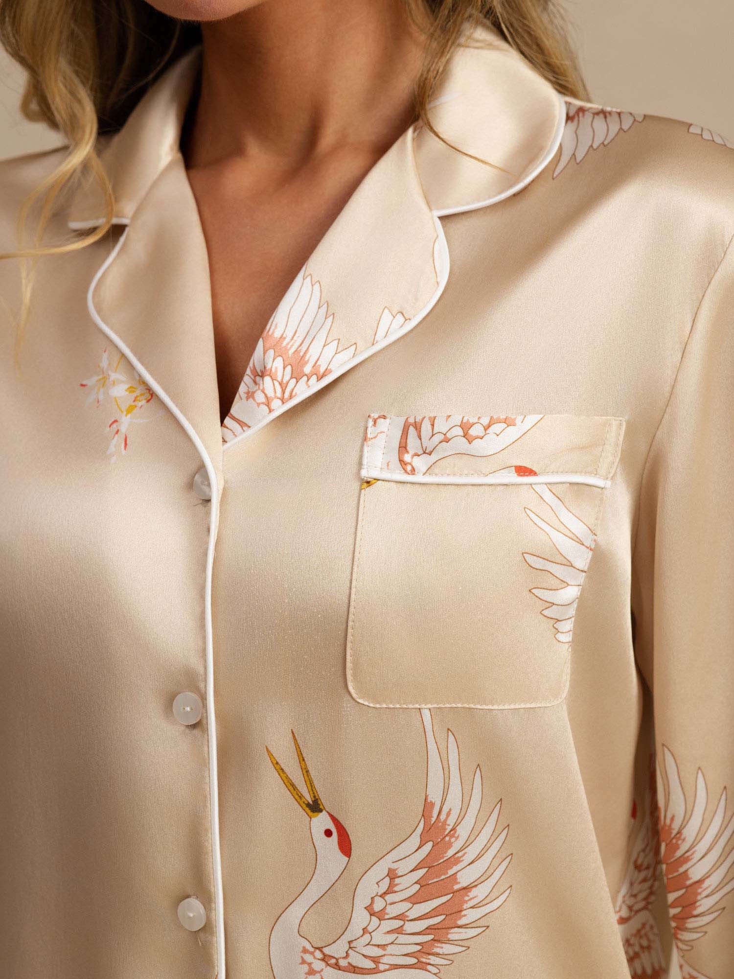 Ensemble De Pyjama En Soie Pure 19Momme À Manches Longues Pour Femme Avec Imprimé Grue - Image 43