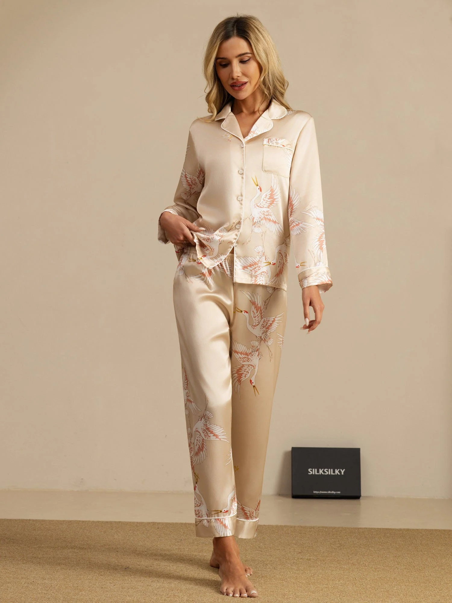 Ensemble De Pyjama En Soie Pure 19Momme À Manches Longues Pour Femme Avec Imprimé Grue - Image 45