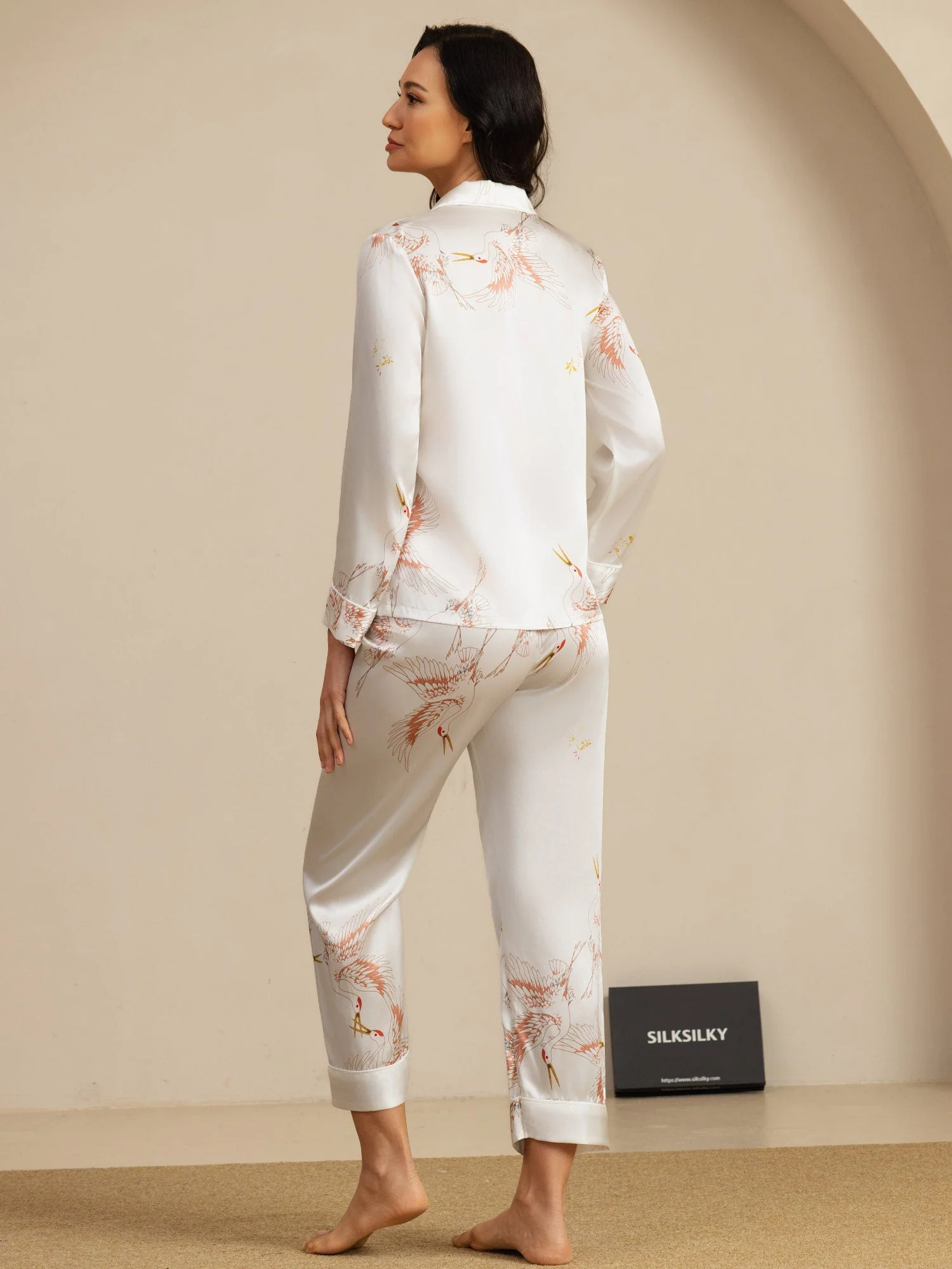 Ensemble De Pyjama En Soie Pure 19Momme À Manches Longues Pour Femme Avec Imprimé Grue - Image 48