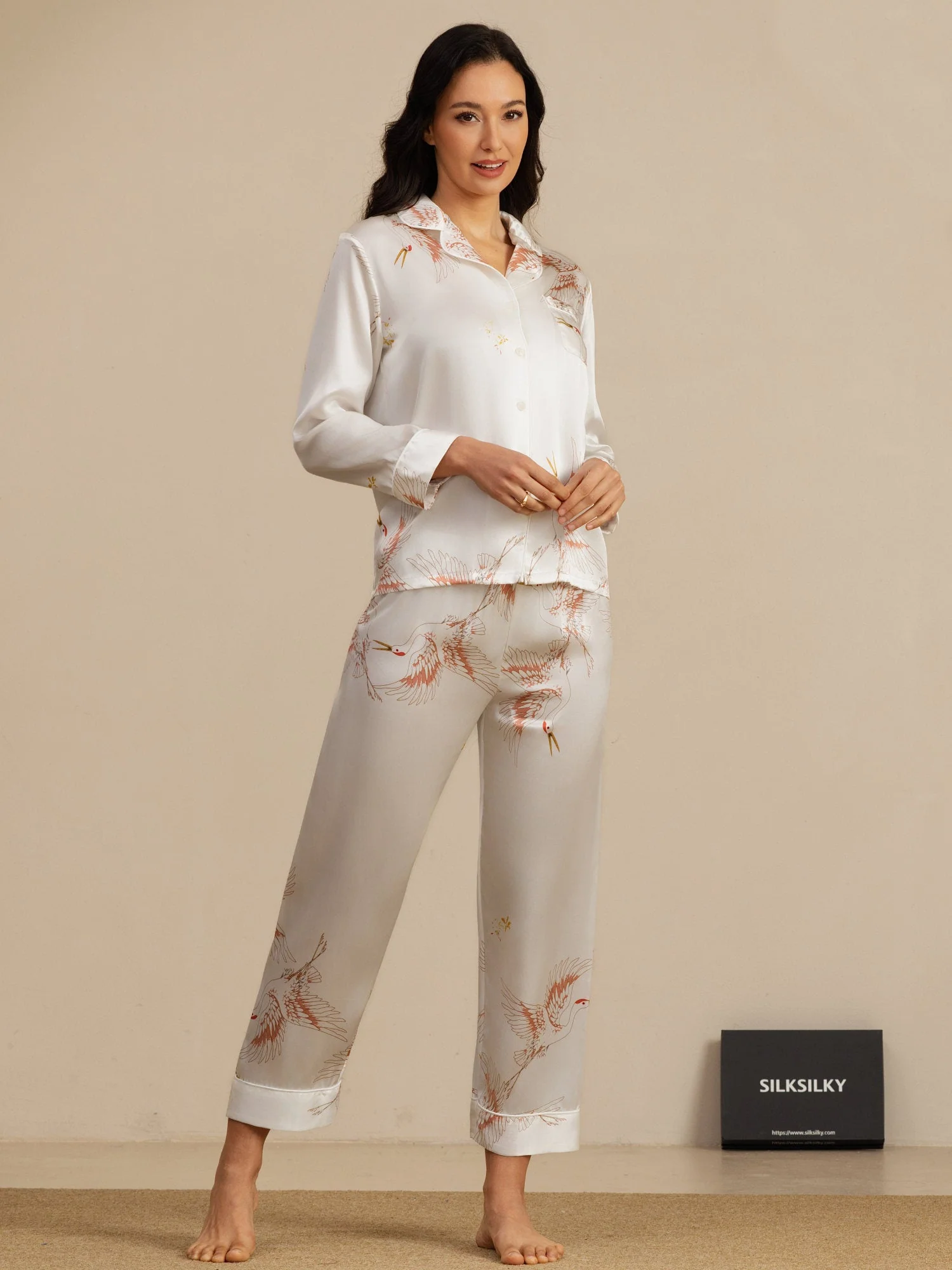 Ensemble De Pyjama En Soie Pure 19Momme À Manches Longues Pour Femme Avec Imprimé Grue - Image 52