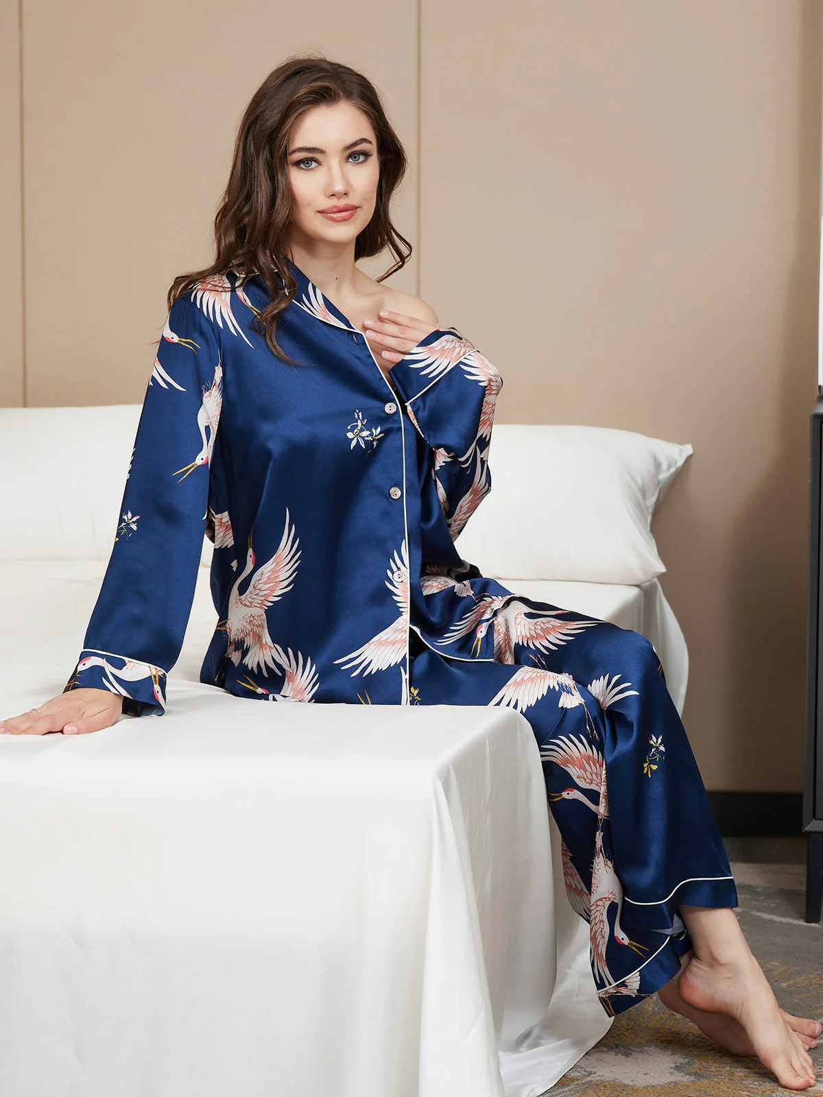 Ensemble De Pyjama En Soie Pure 19Momme À Manches Longues Pour Femme Avec Imprimé Grue - Image 6
