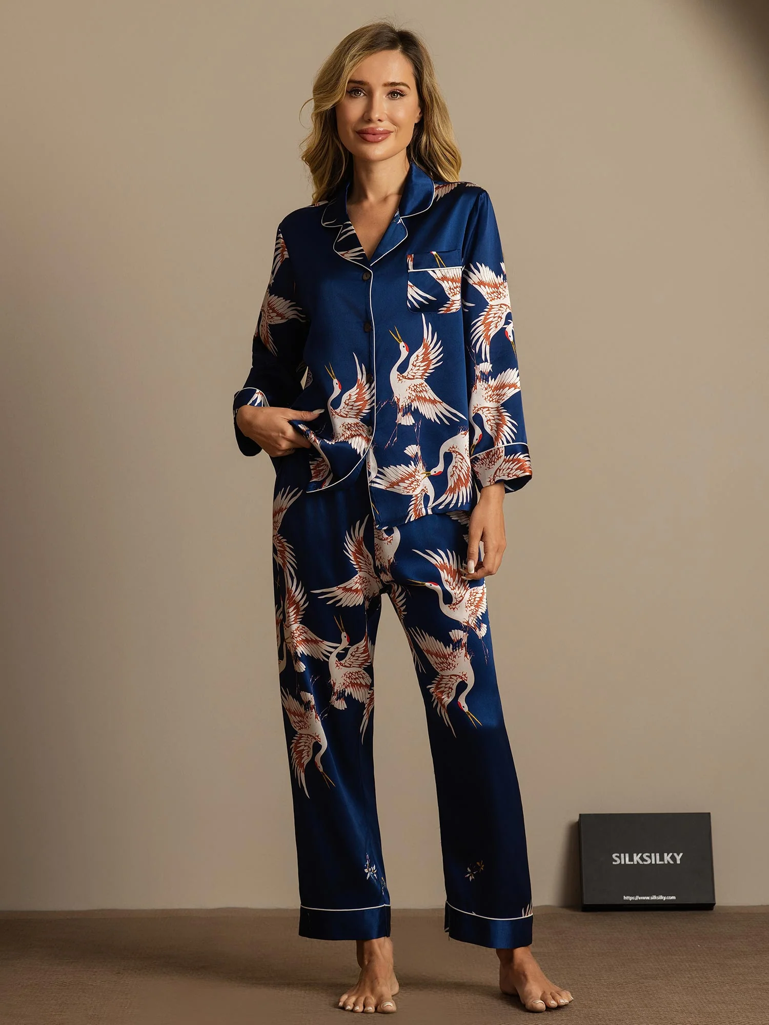 Ensemble De Pyjama En Soie Pure 19Momme À Manches Longues Pour Femme Avec Imprimé Grue - Image 7