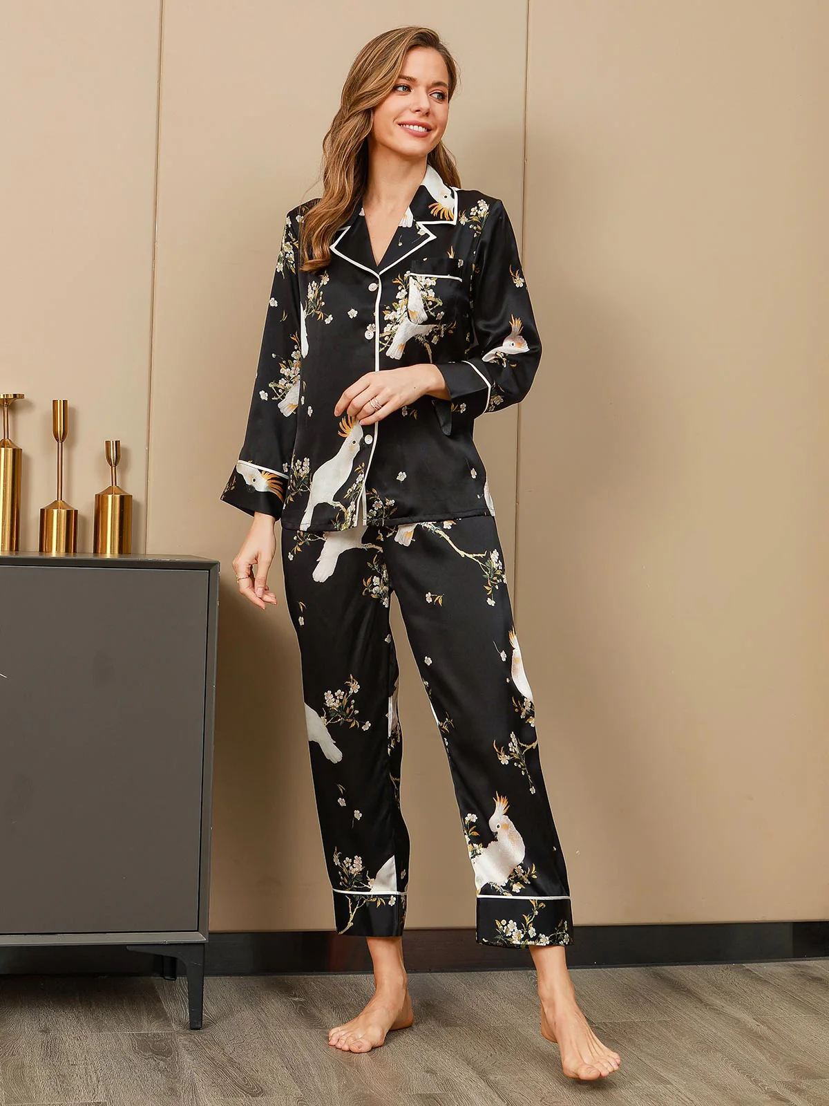 Ensemble De Pyjama Femme En Soie Pure À Imprimé Floral À Manches Longues Avec Pantalon - Image 10