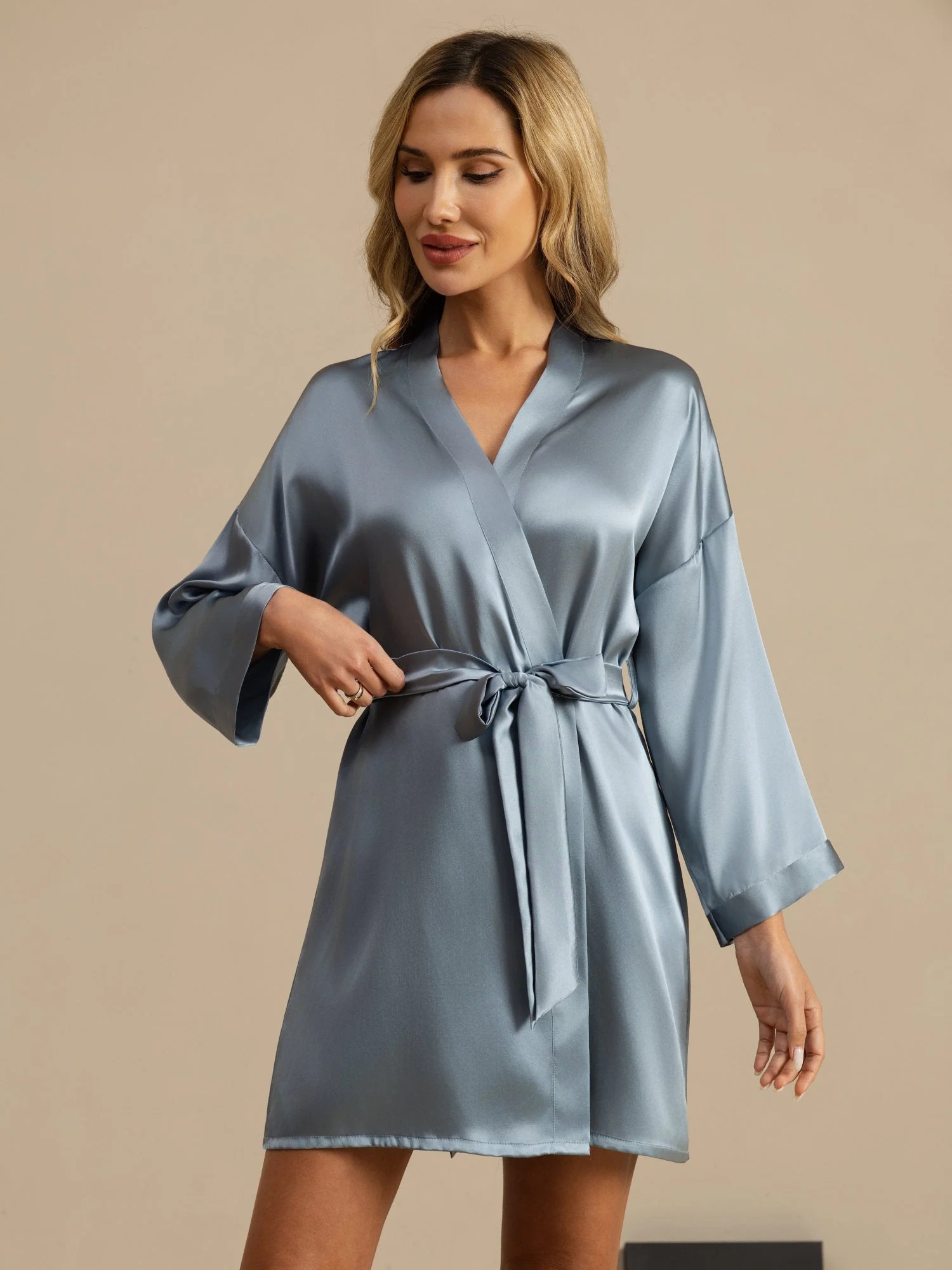 Kimono Court En Pure Soie Pour Femme À Manches 3/4 Et Coupe Croisée - Image 9