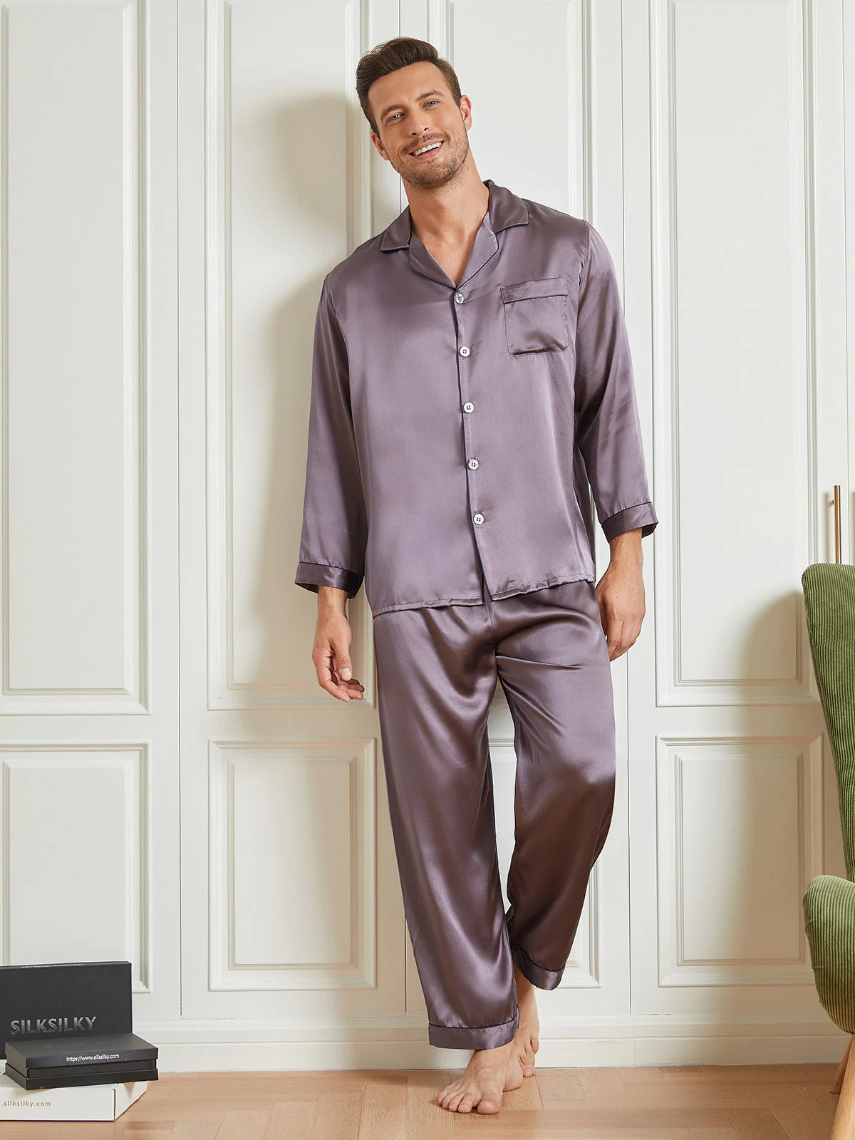 Ensemble Pyjama Pour Homme En Pure Soie À Manches Longues Avec Col À Revers Et Boutonnage - Image 17