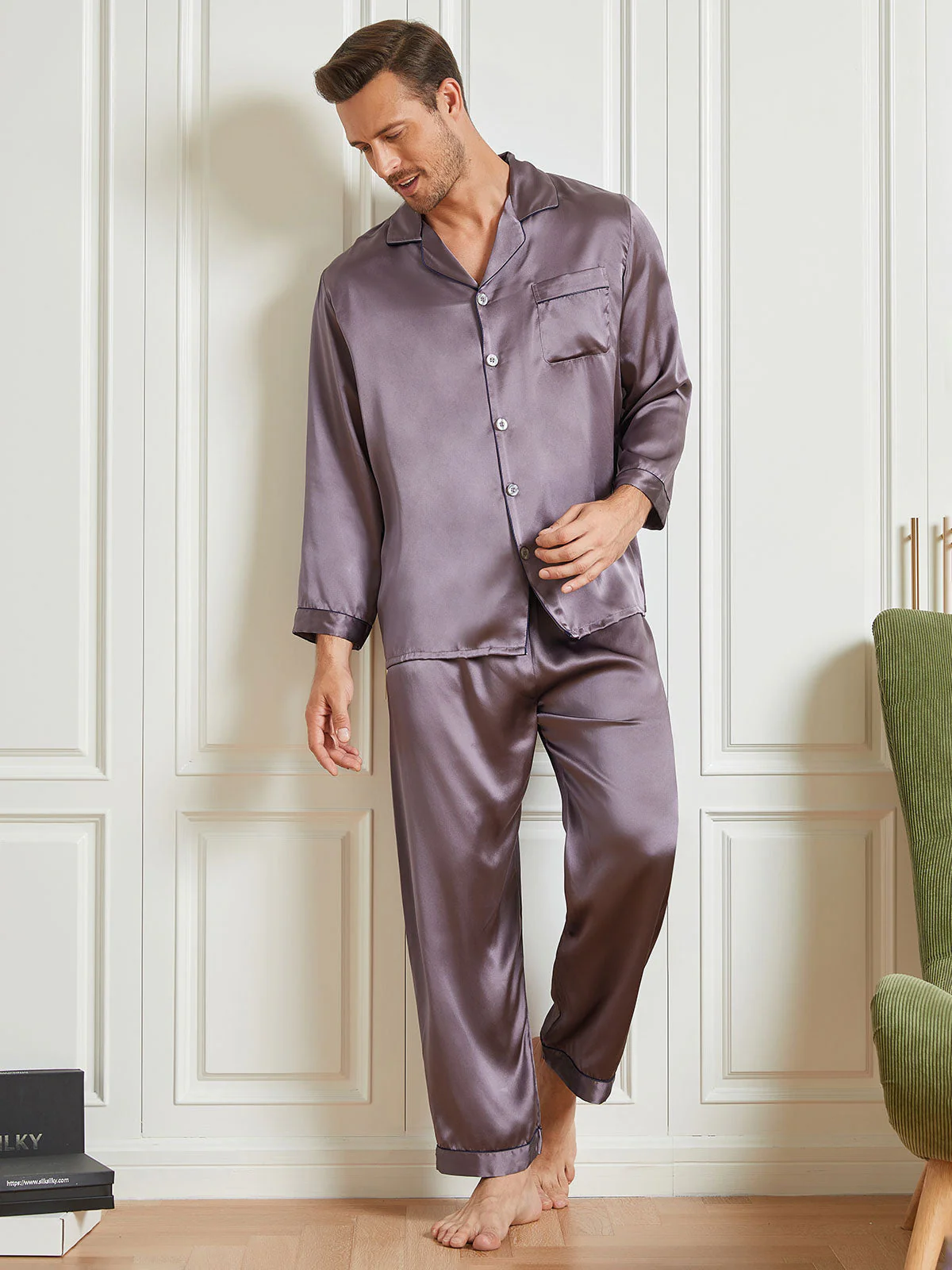 Ensemble Pyjama Pour Homme En Pure Soie À Manches Longues Avec Col À Revers Et Boutonnage - Image 18