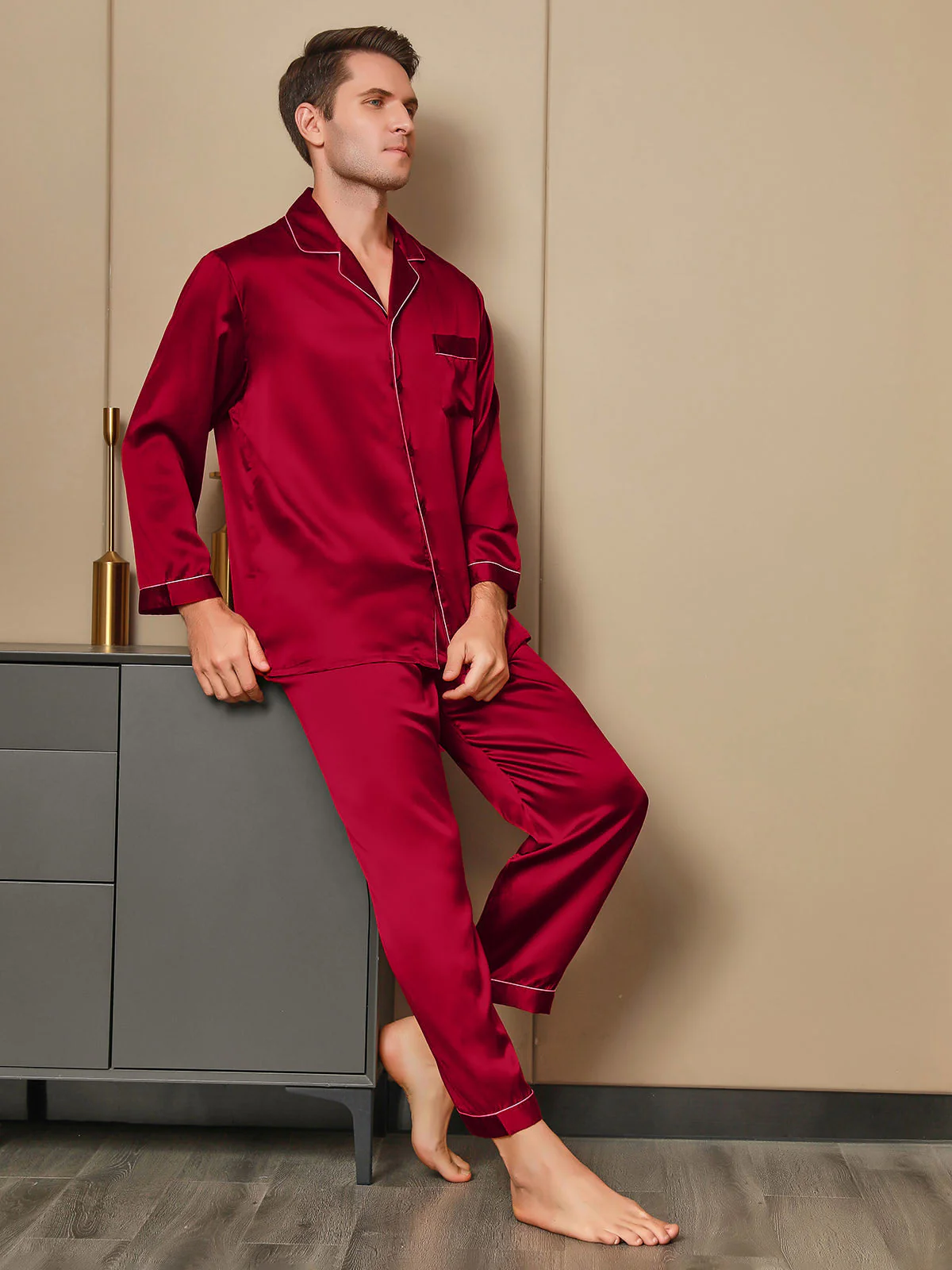 Ensemble Pyjama Pour Homme En Pure Soie À Manches Longues Avec Col À Revers Et Boutonnage - Image 19