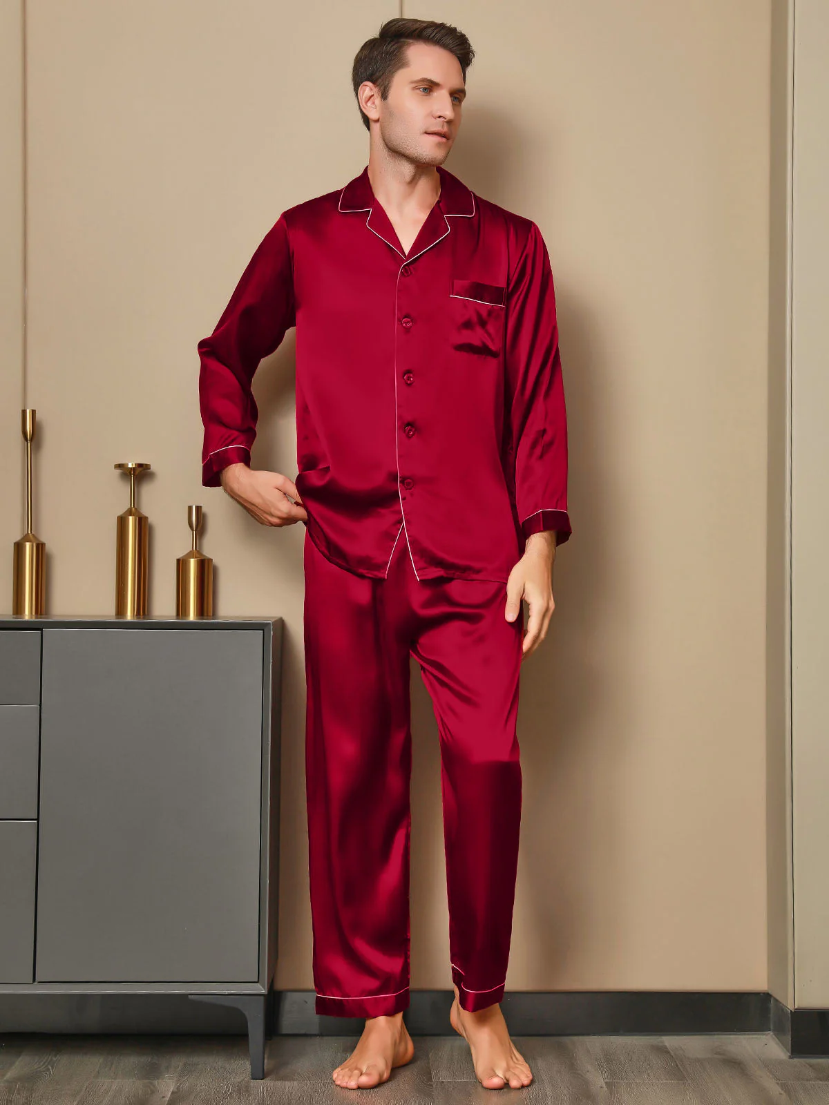 Ensemble Pyjama Pour Homme En Pure Soie À Manches Longues Avec Col À Revers Et Boutonnage - Image 21