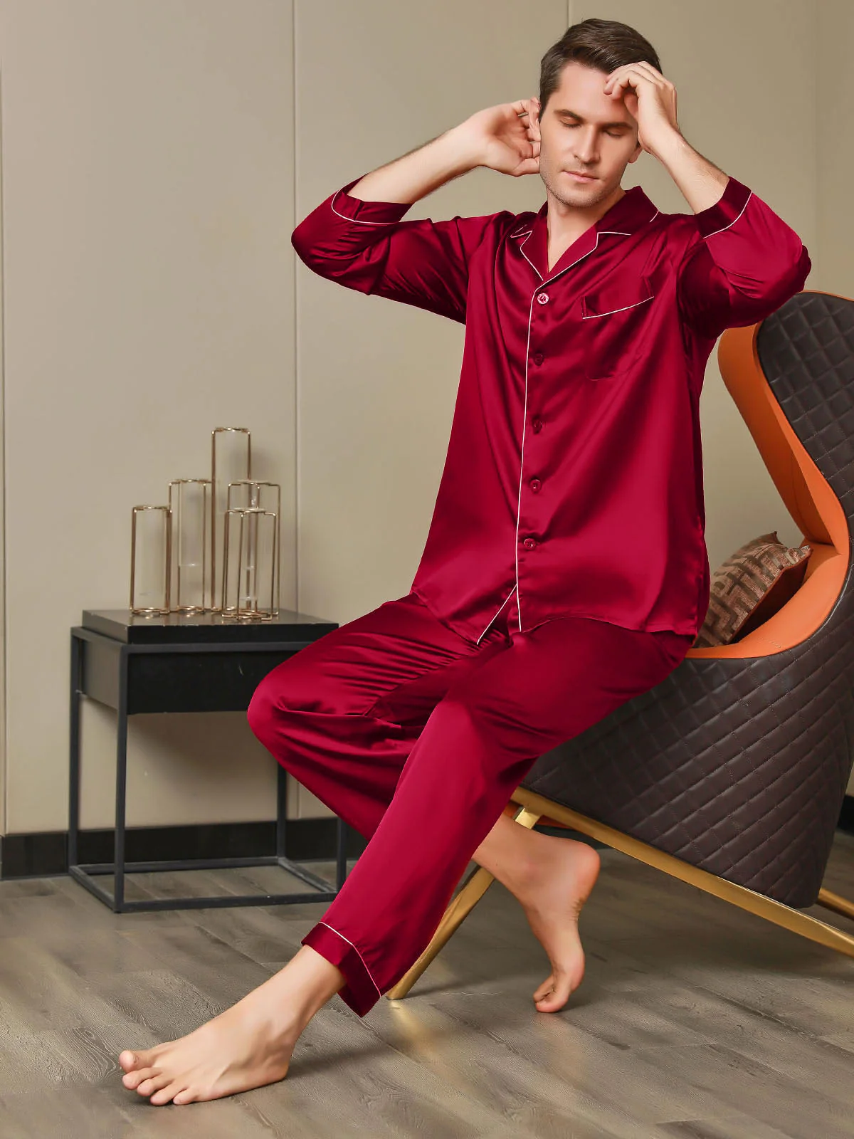 Ensemble Pyjama Pour Homme En Pure Soie À Manches Longues Avec Col À Revers Et Boutonnage - Image 23
