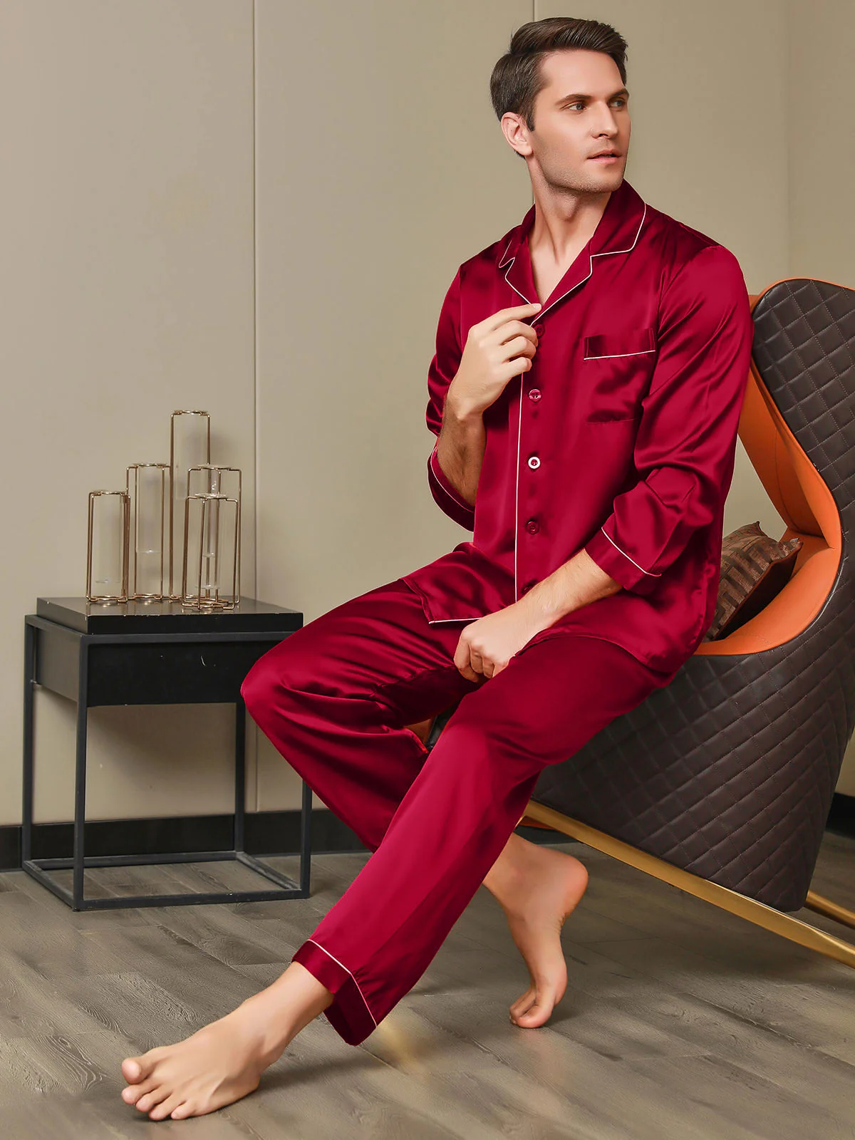 Ensemble Pyjama Pour Homme En Pure Soie À Manches Longues Avec Col À Revers Et Boutonnage - Image 24