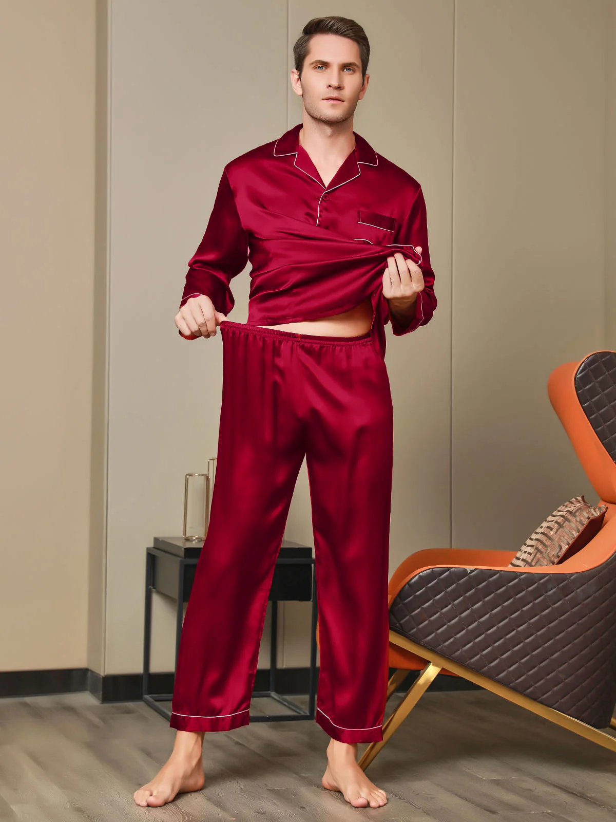 Ensemble Pyjama Pour Homme En Pure Soie À Manches Longues Avec Col À Revers Et Boutonnage - Image 25