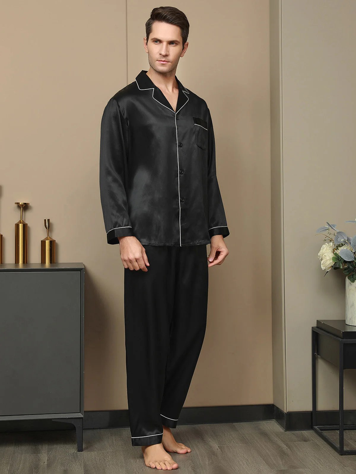 Ensemble Pyjama Pour Homme En Pure Soie À Manches Longues Avec Col À Revers Et Boutonnage - Image 3