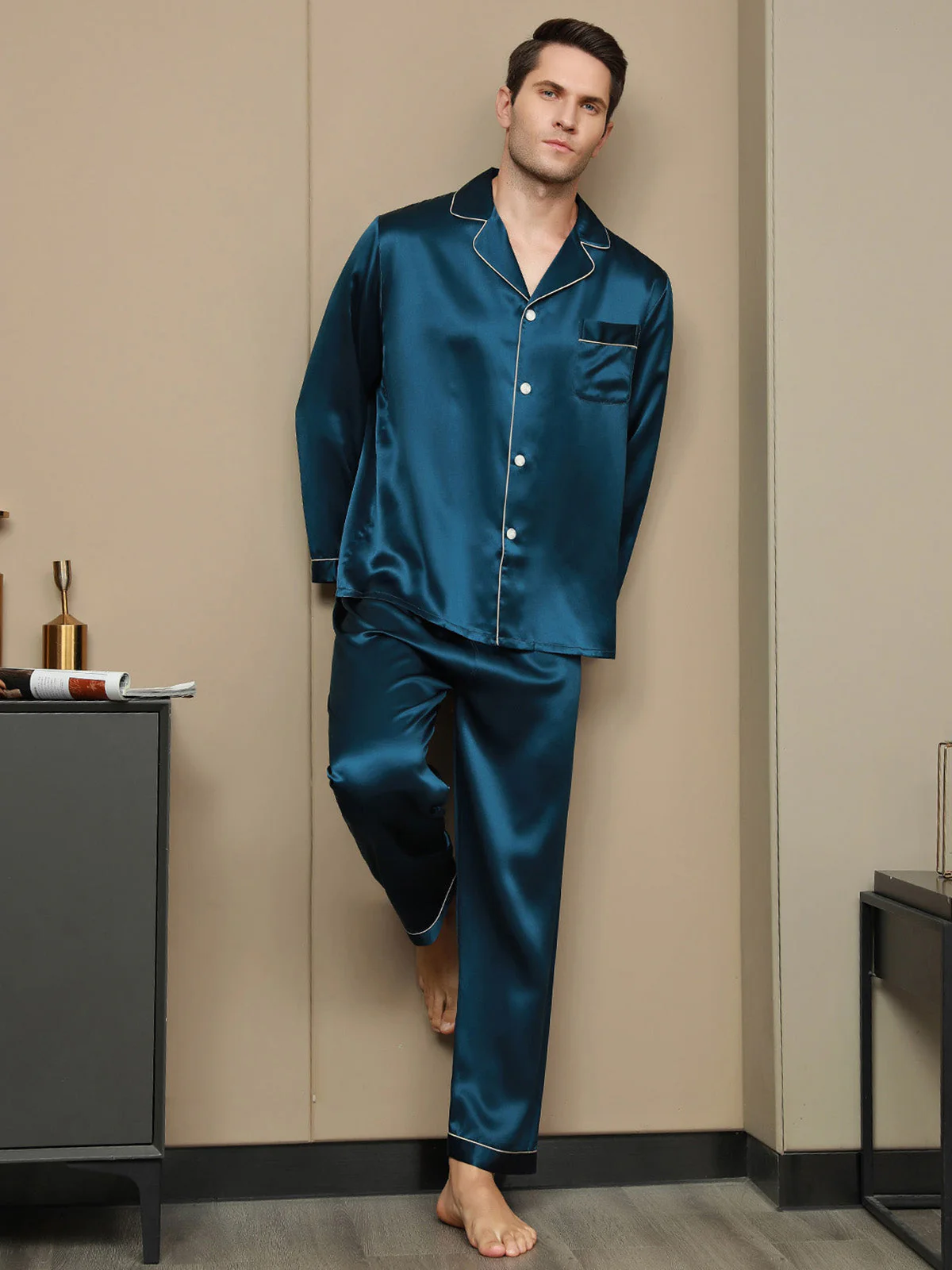 Ensemble Pyjama Pour Homme En Pure Soie À Manches Longues Avec Col À Revers Et Boutonnage - Image 37