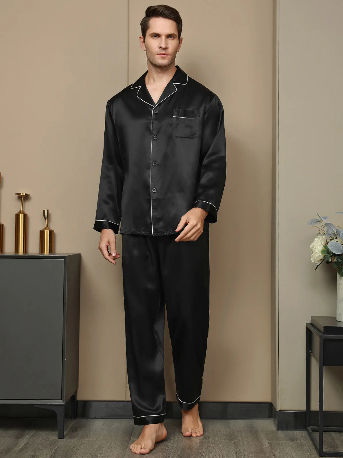 Ensemble Pyjama Pour Homme En Pure Soie À Manches Longues Avec Col À Revers Et Boutonnage - Image 6