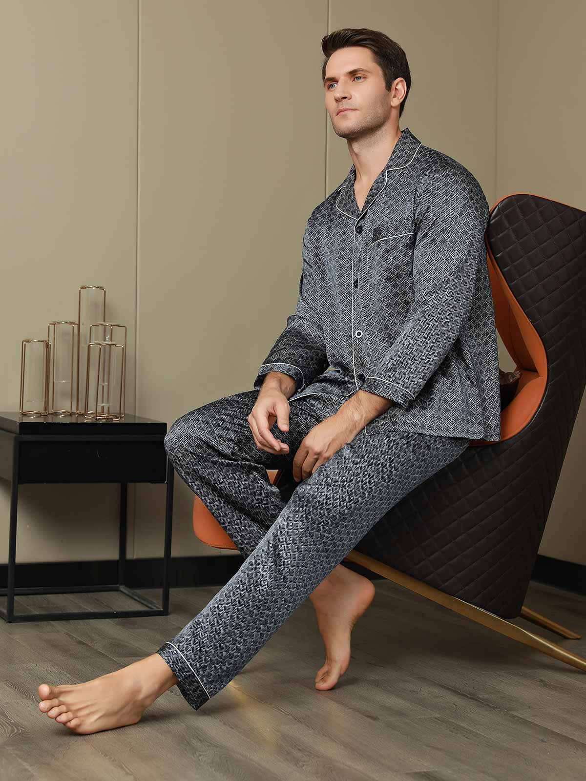 Ensemble Pyjama Homme En Soie Pure Imprimé Ginkgo Bleu Marine Manches Longues Avec Pantalon - Image 11