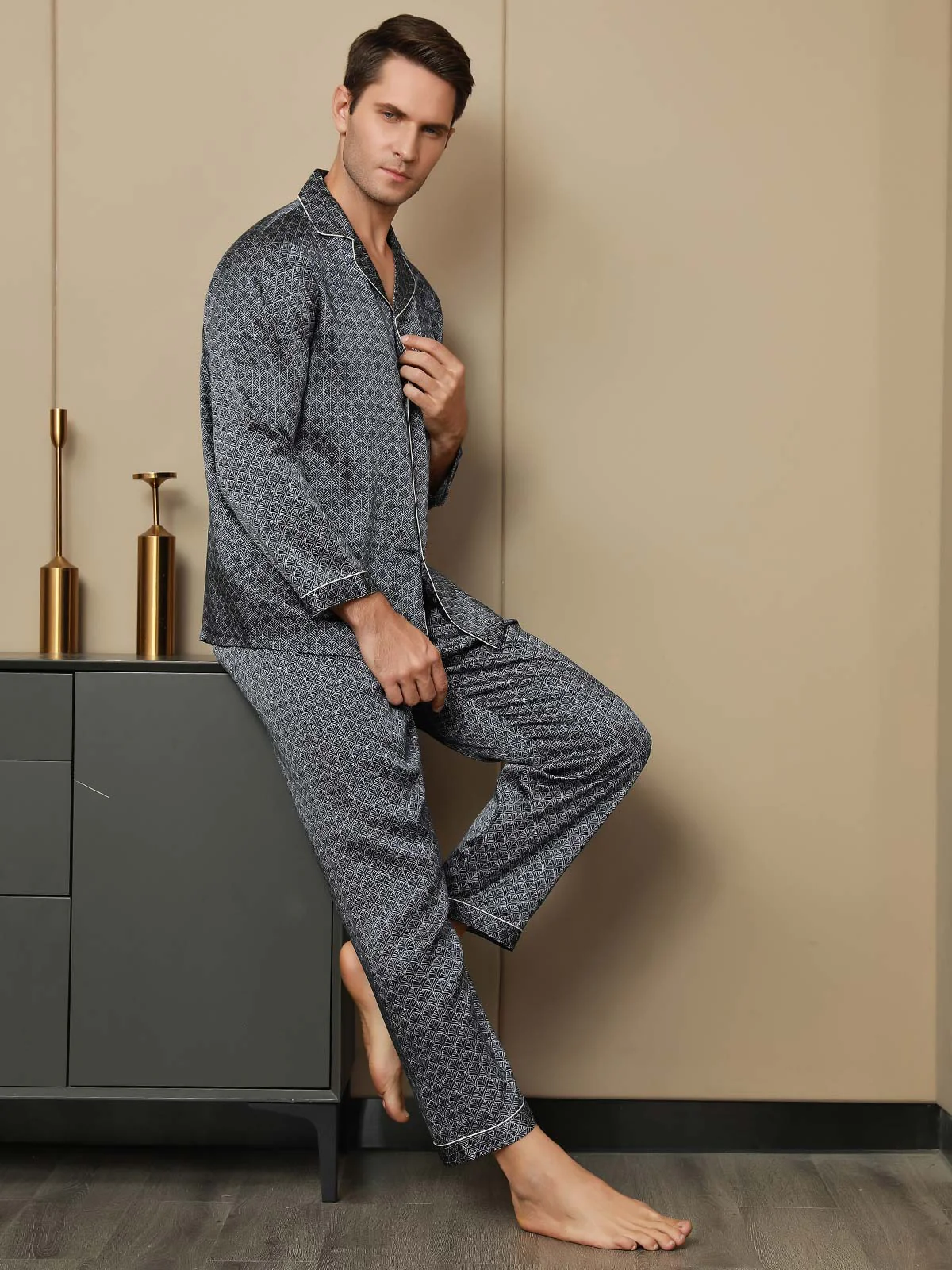 Ensemble Pyjama Homme En Soie Pure Imprimé Ginkgo Bleu Marine Manches Longues Avec Pantalon - Image 13