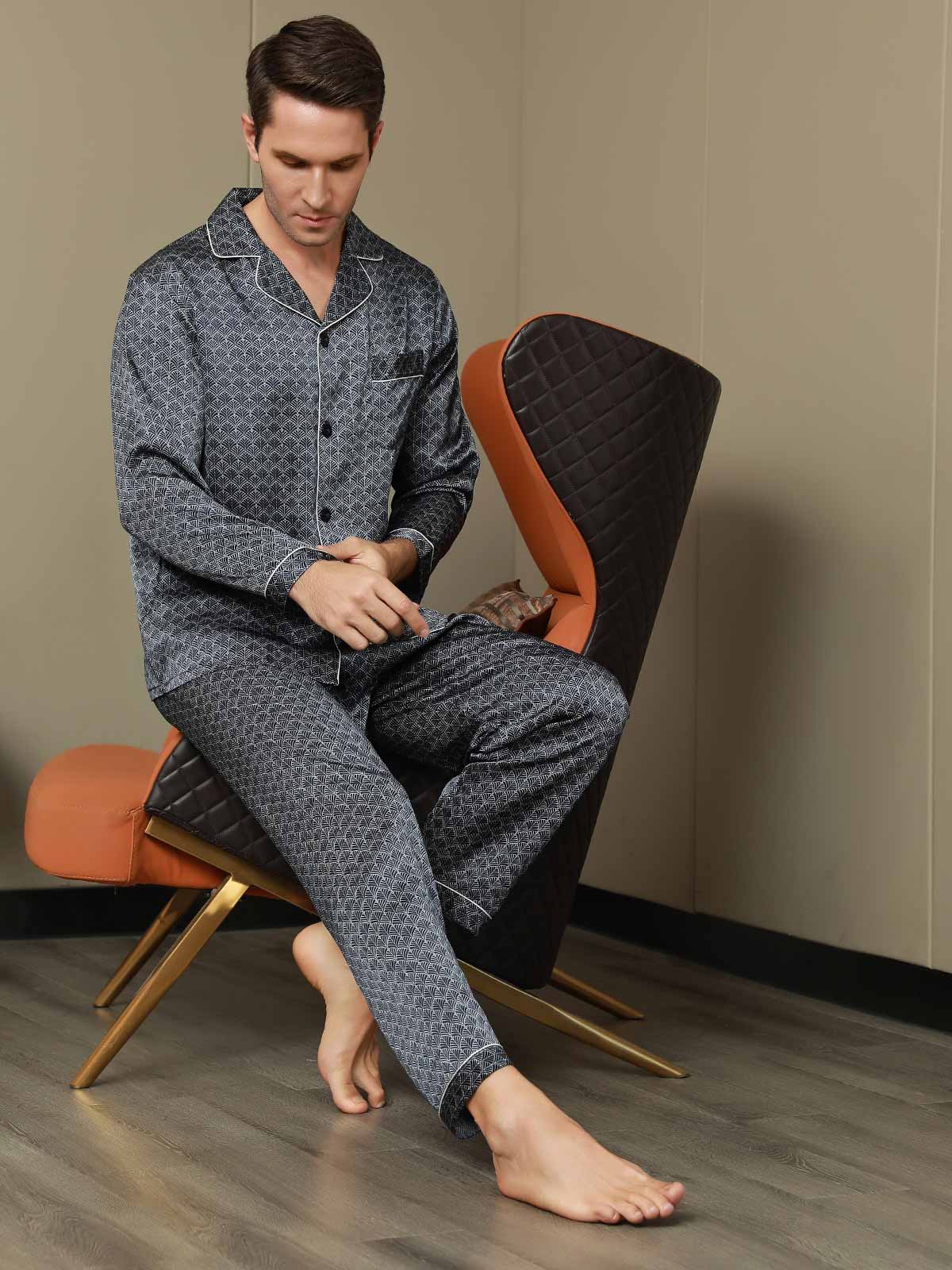 Ensemble Pyjama Homme En Soie Pure Imprimé Ginkgo Bleu Marine Manches Longues Avec Pantalon - Image 14
