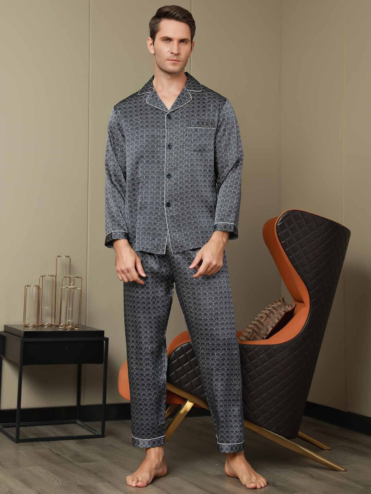 Ensemble Pyjama Homme En Soie Pure Imprimé Ginkgo Bleu Marine Manches Longues Avec Pantalon - Image 15