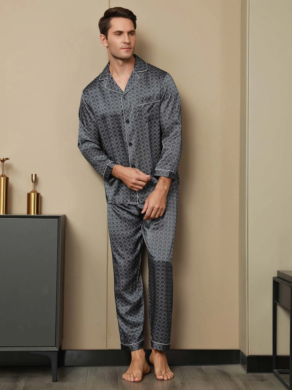 Ensemble Pyjama Homme En Soie Pure Imprimé Ginkgo Bleu Marine Manches Longues Avec Pantalon - Image 4