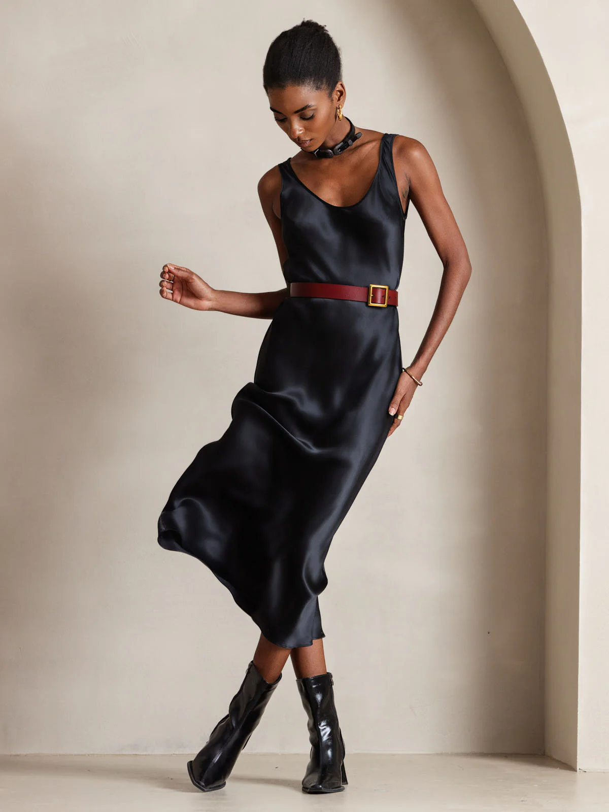 Pure Soie Sangle Larges Sans Manches Longue Robe - Image 5