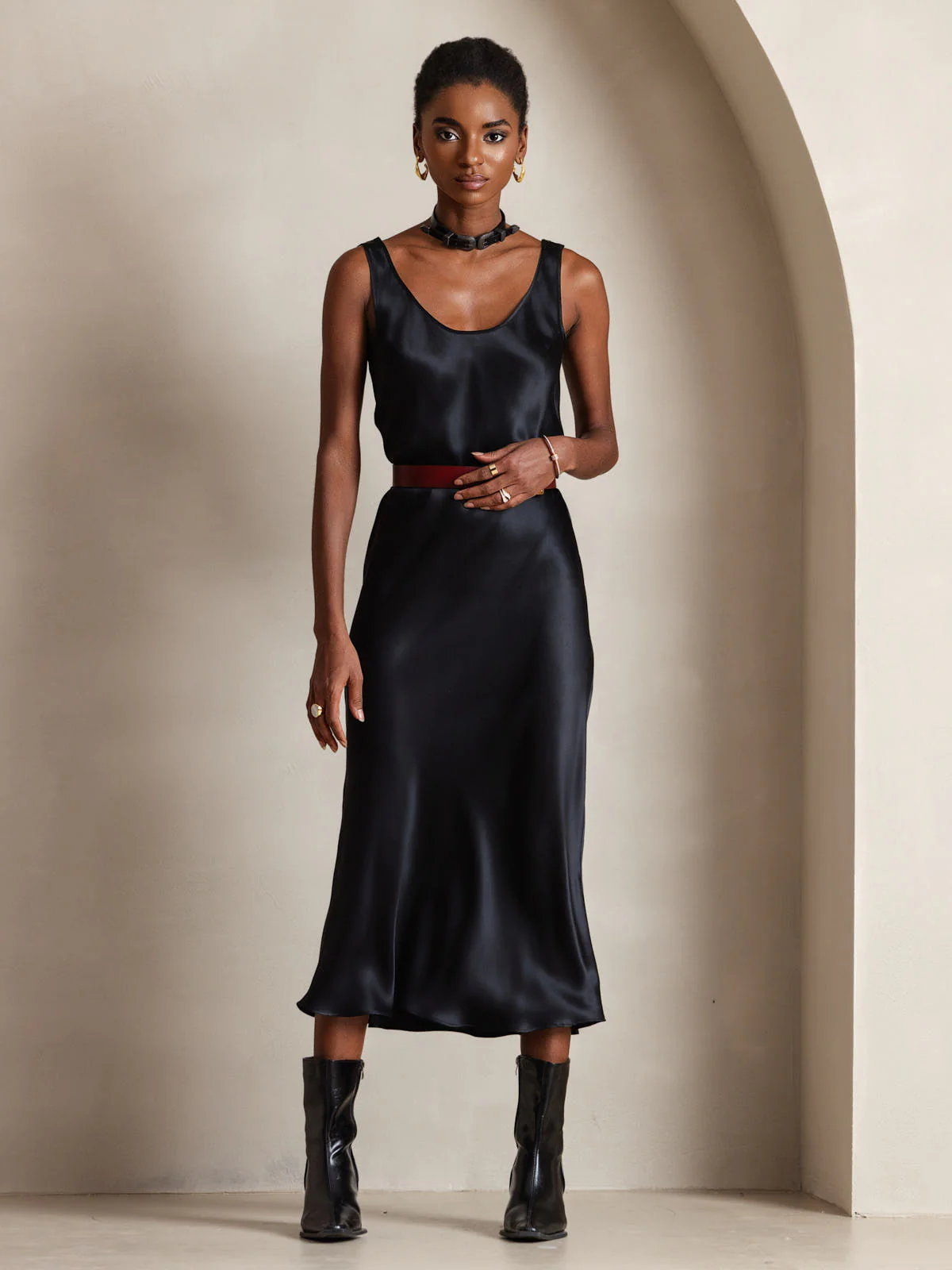 Pure Soie Sangle Larges Sans Manches Longue Robe - Image 6