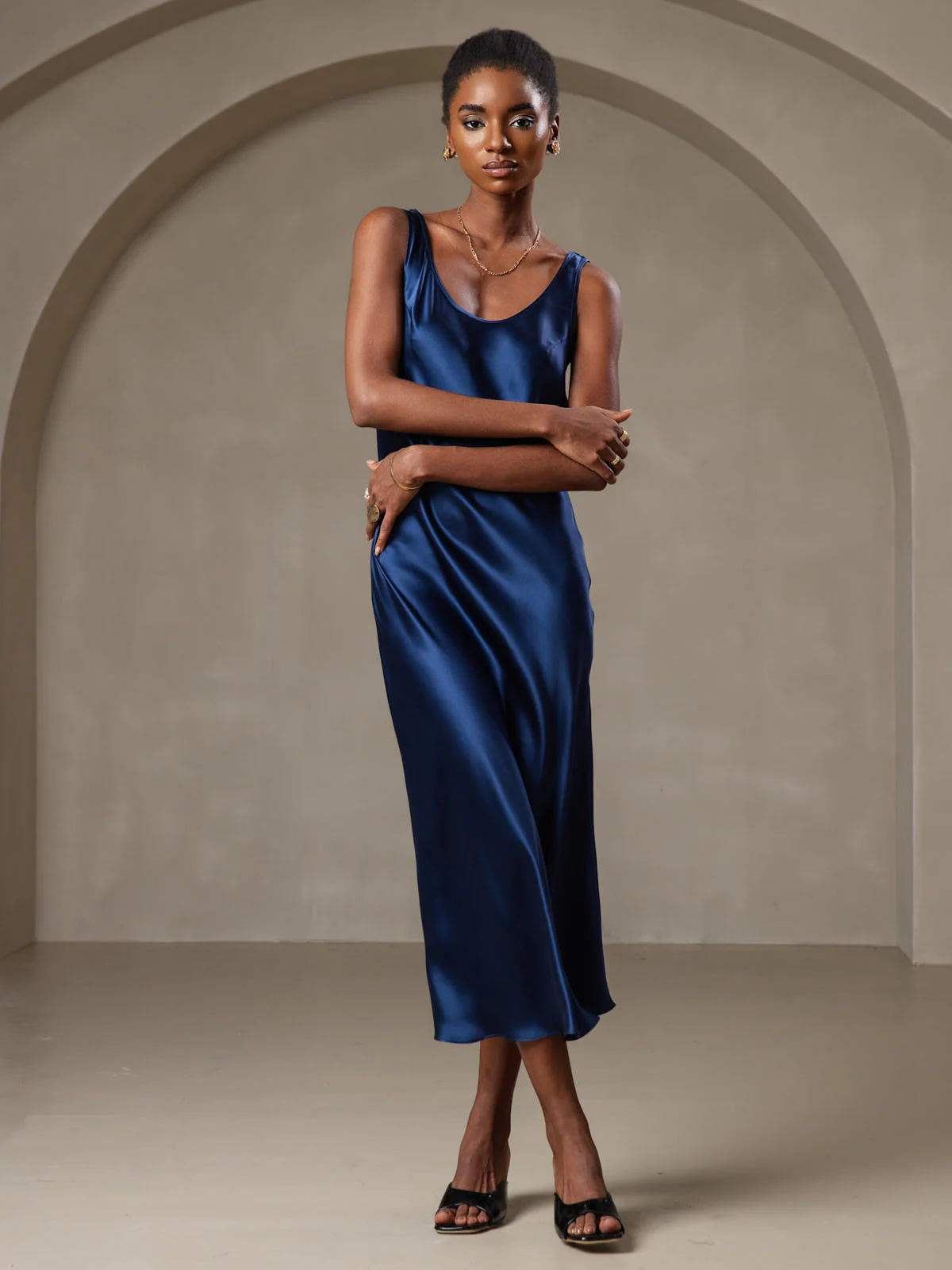 Pure Soie Sangle Larges Sans Manches Longue Robe - Image 8