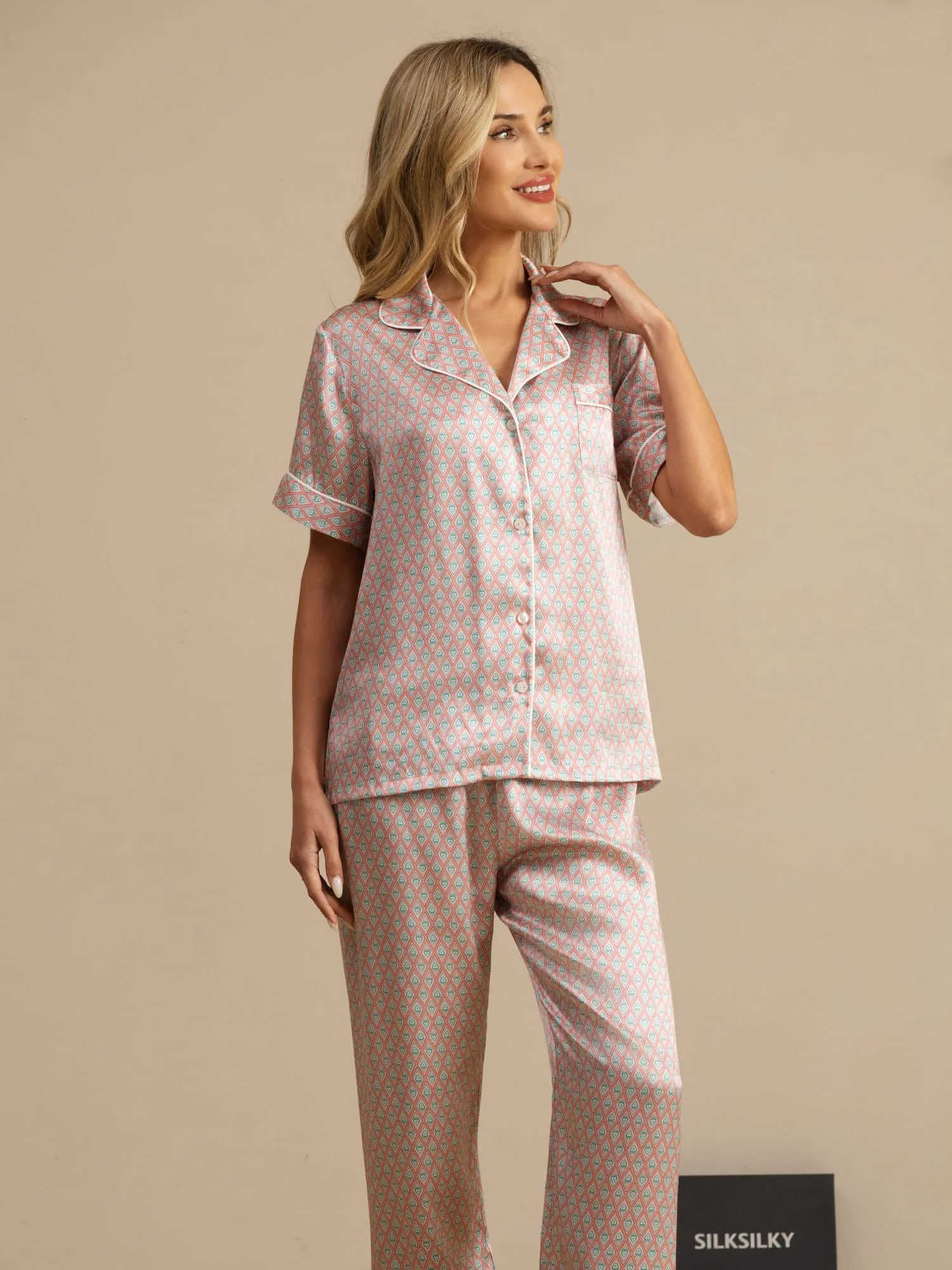 Ensemble De Pyjama En Soie Pure À Imprimé Géométrique À Manches Courtes À Revers Pour Femme Avec Pantalon - Image 8