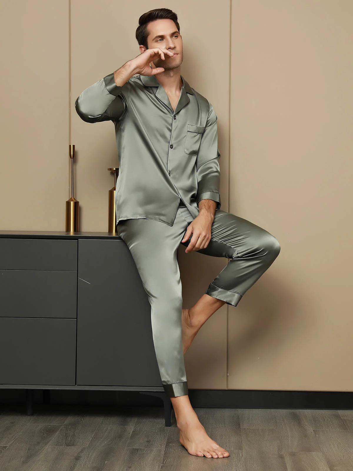 Ensemble Pyjama Pour Homme En Pure Soie À Manches Longues Avec Col À Revers - Image 4