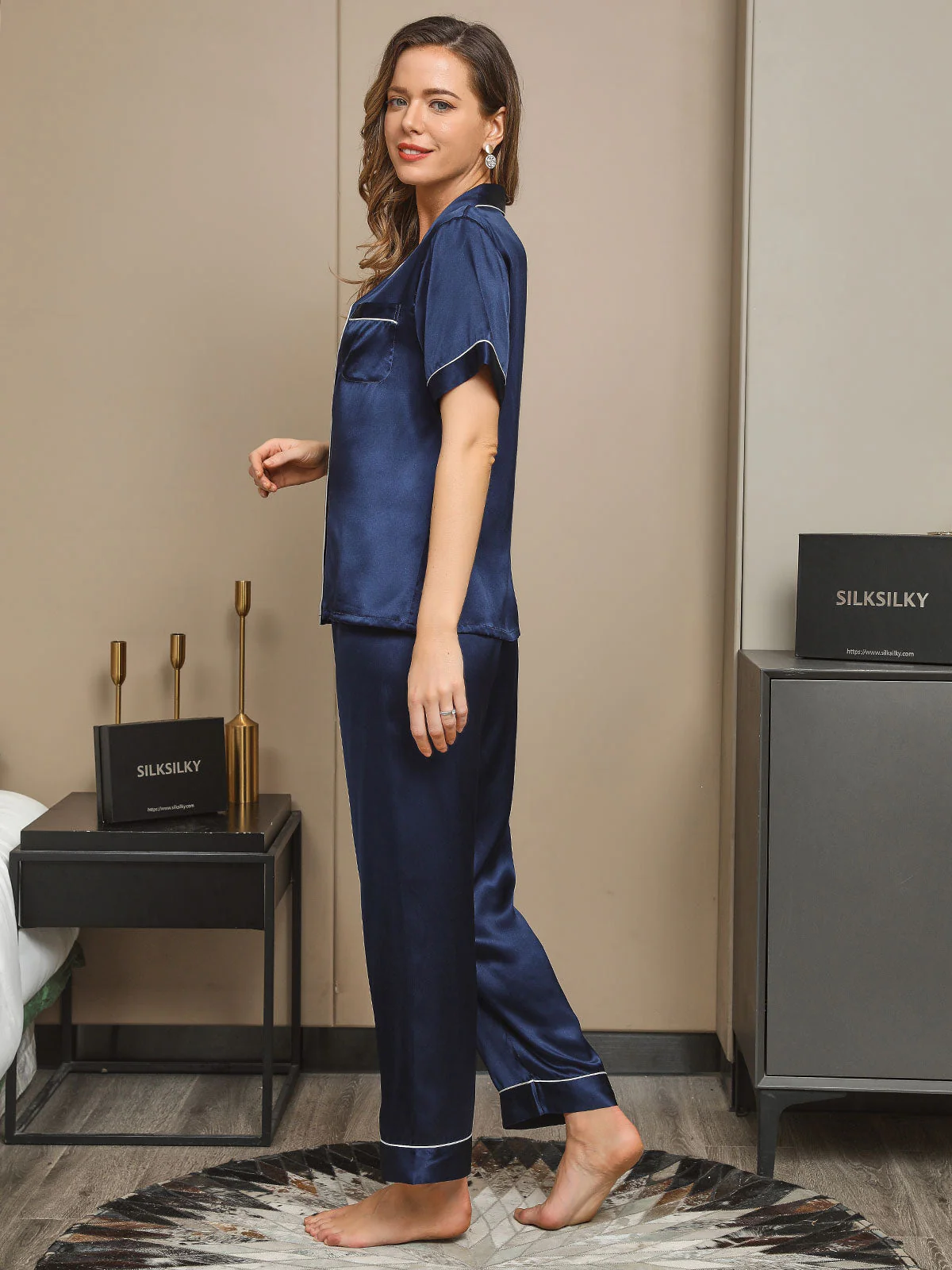 Ensemble de Pyjama en Pure Soie avec Passepoil 2Pcs - Image 9