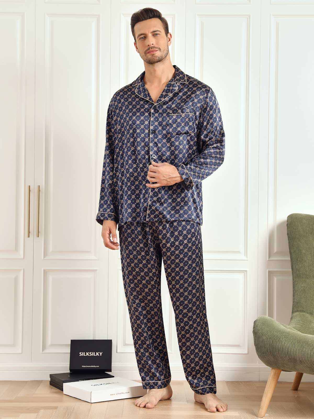 Ensemble De Pyjama Homme À Manches Longues En Soie Pure Avec Motif Chaîne Bleu Marine Et Pantalon - Image 10
