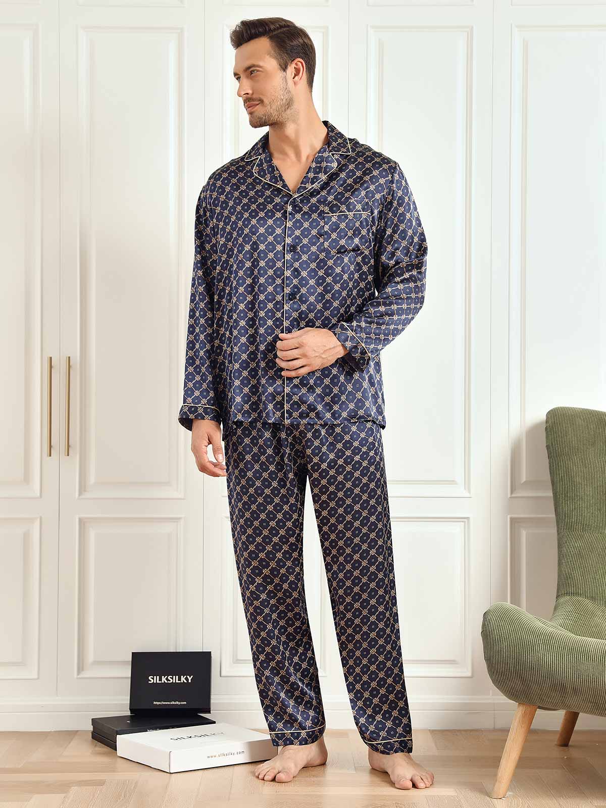 Ensemble De Pyjama Homme À Manches Longues En Soie Pure Avec Motif Chaîne Bleu Marine Et Pantalon - Image 12