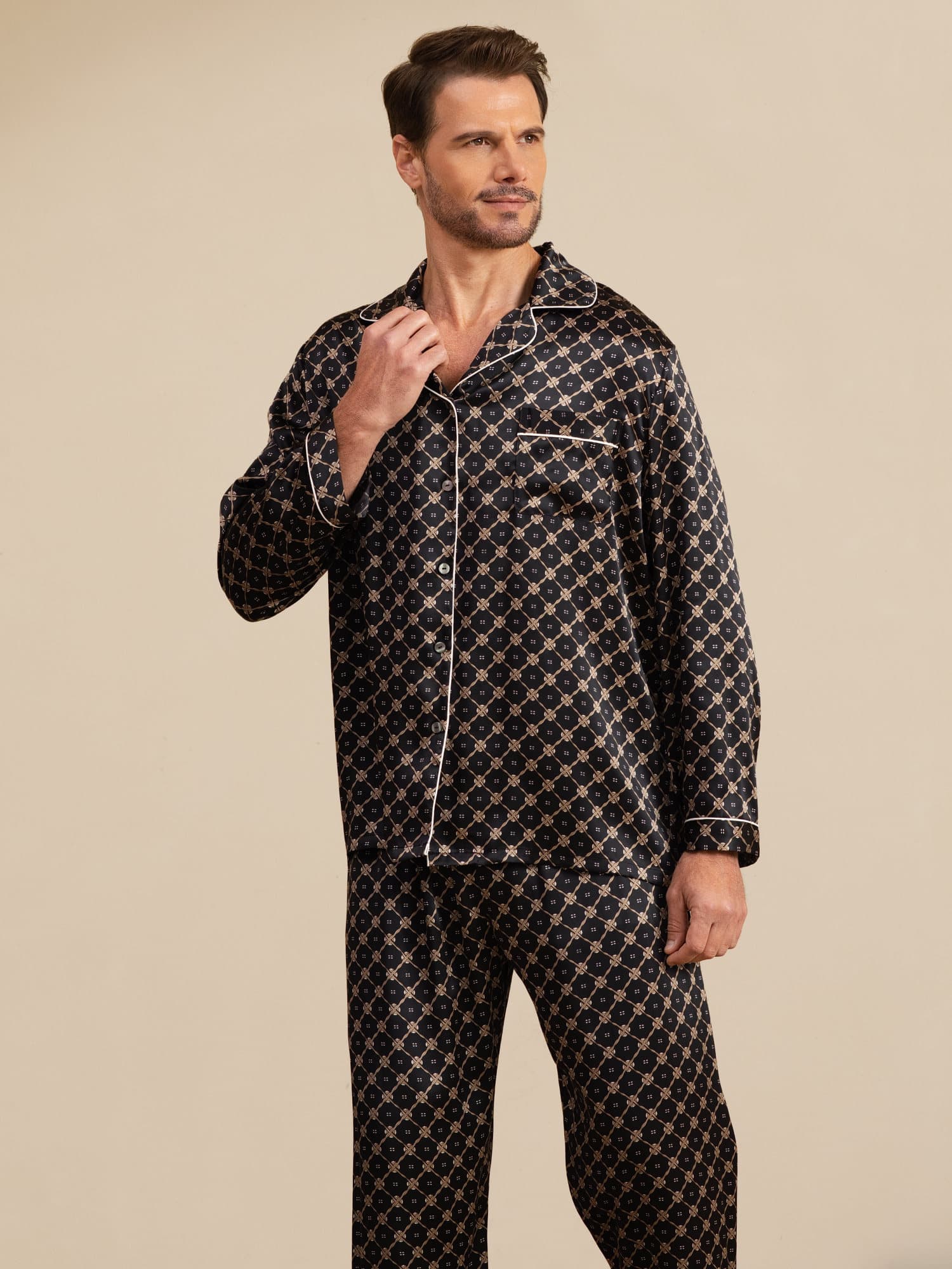 Ensemble De Pyjama Homme À Manches Longues En Soie Pure Avec Motif Chaîne Bleu Marine Et Pantalon - Image 15