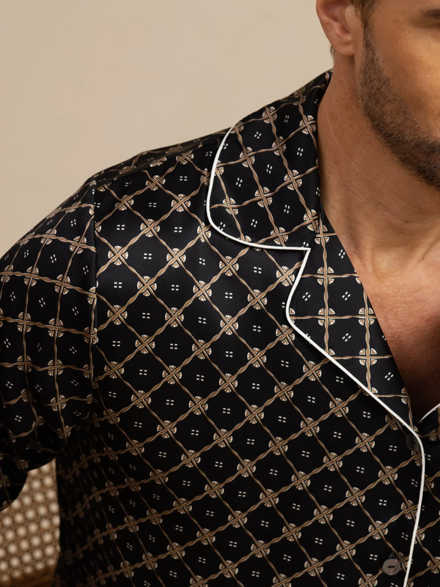 Ensemble De Pyjama Homme À Manches Longues En Soie Pure Avec Motif Chaîne Bleu Marine Et Pantalon - Image 16