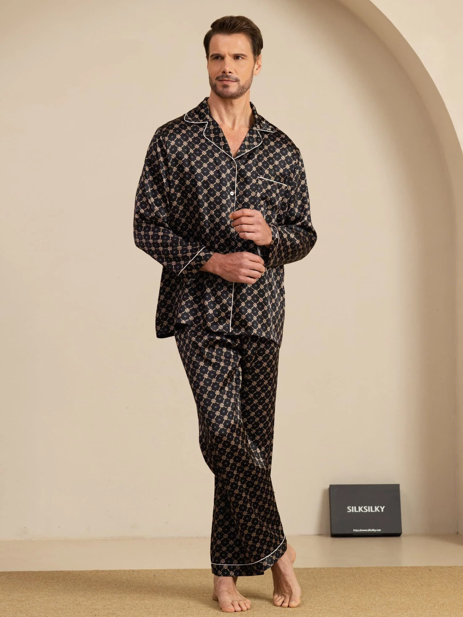 Ensemble De Pyjama Homme À Manches Longues En Soie Pure Avec Motif Chaîne Bleu Marine Et Pantalon - Image 17