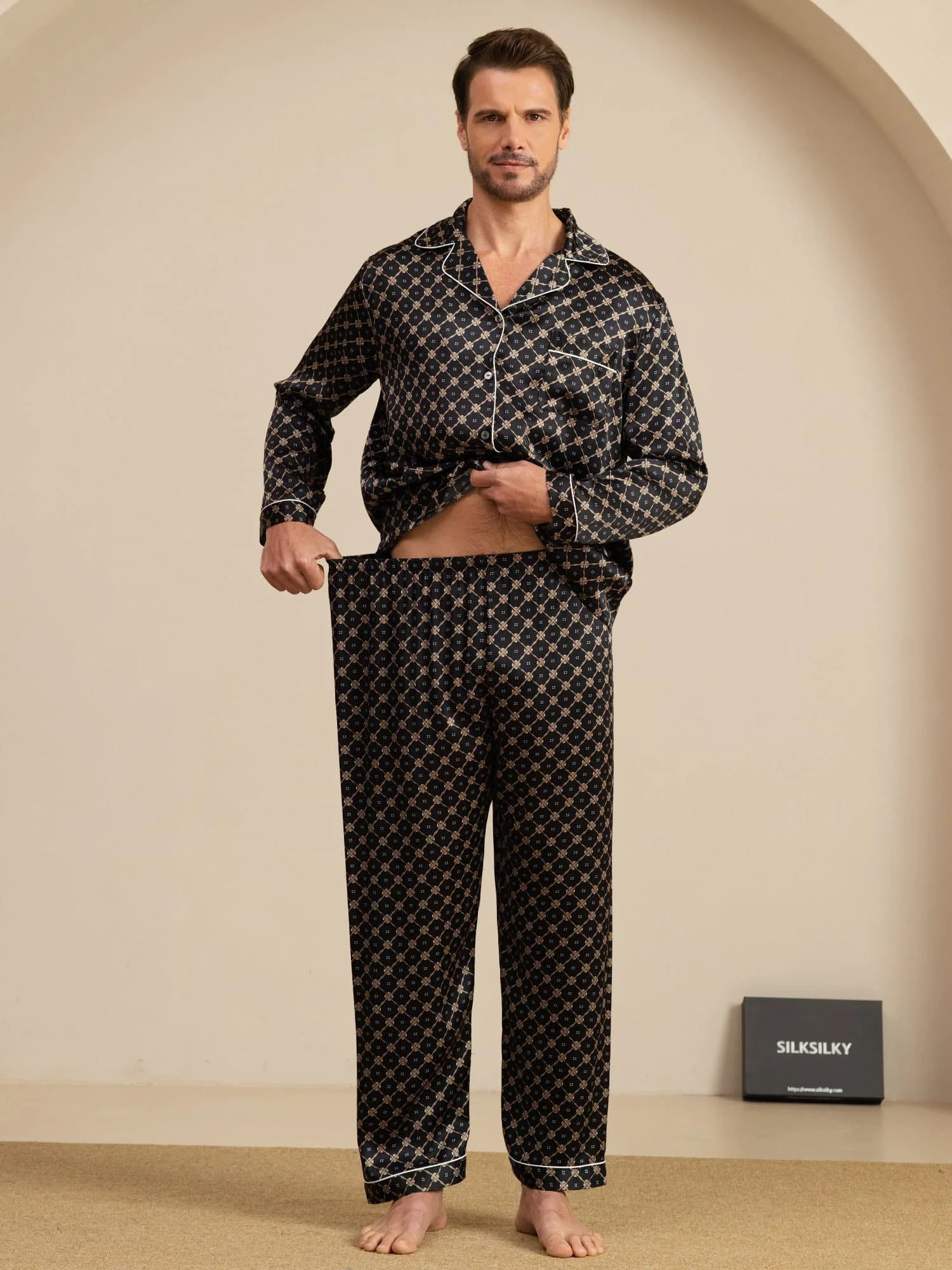 Ensemble De Pyjama Homme À Manches Longues En Soie Pure Avec Motif Chaîne Bleu Marine Et Pantalon - Image 18