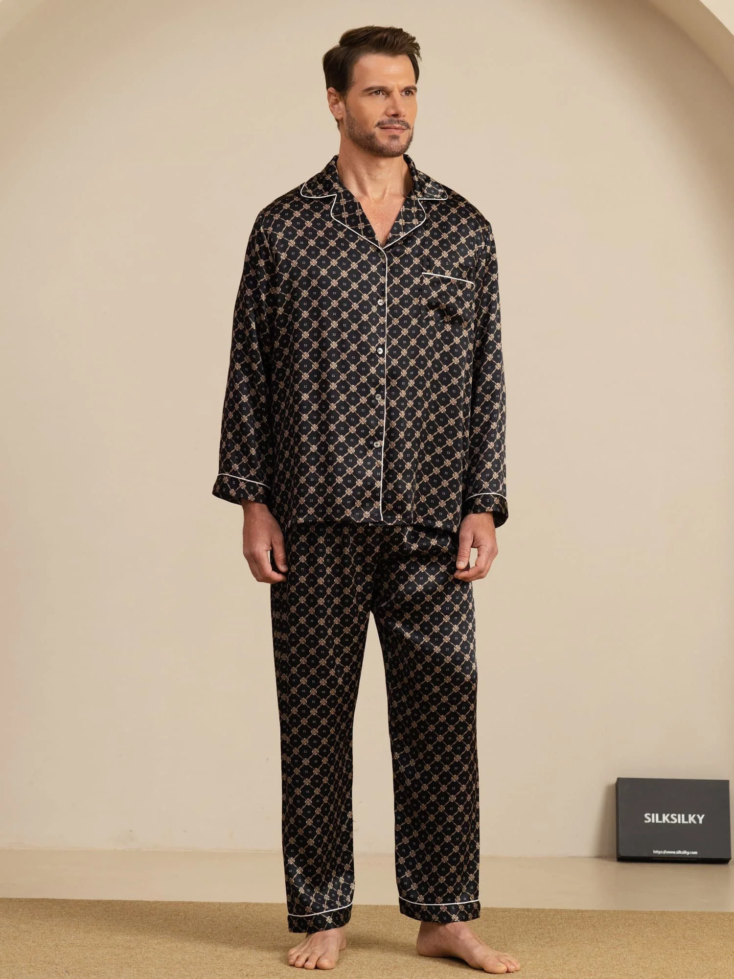 Ensemble De Pyjama Homme À Manches Longues En Soie Pure Avec Motif Chaîne Bleu Marine Et Pantalon - Image 19