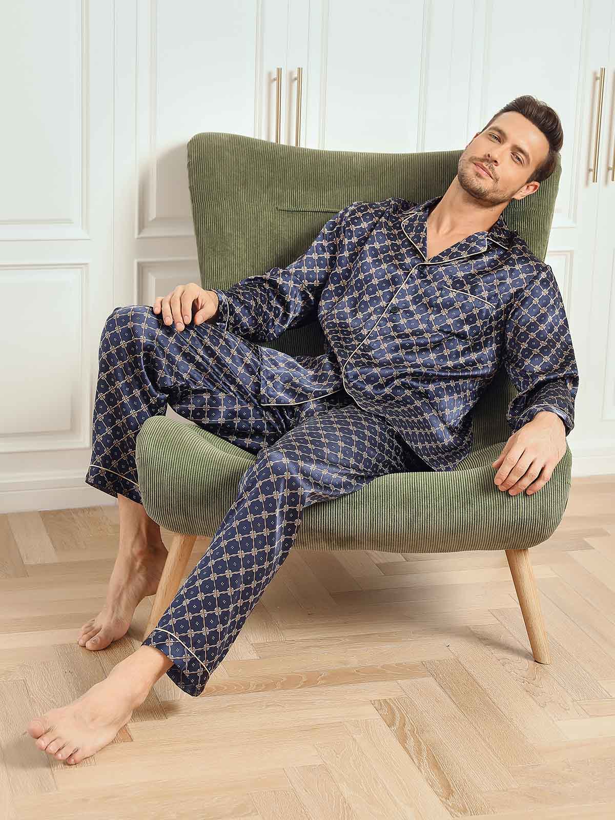 Ensemble De Pyjama Homme À Manches Longues En Soie Pure Avec Motif Chaîne Bleu Marine Et Pantalon - Image 7