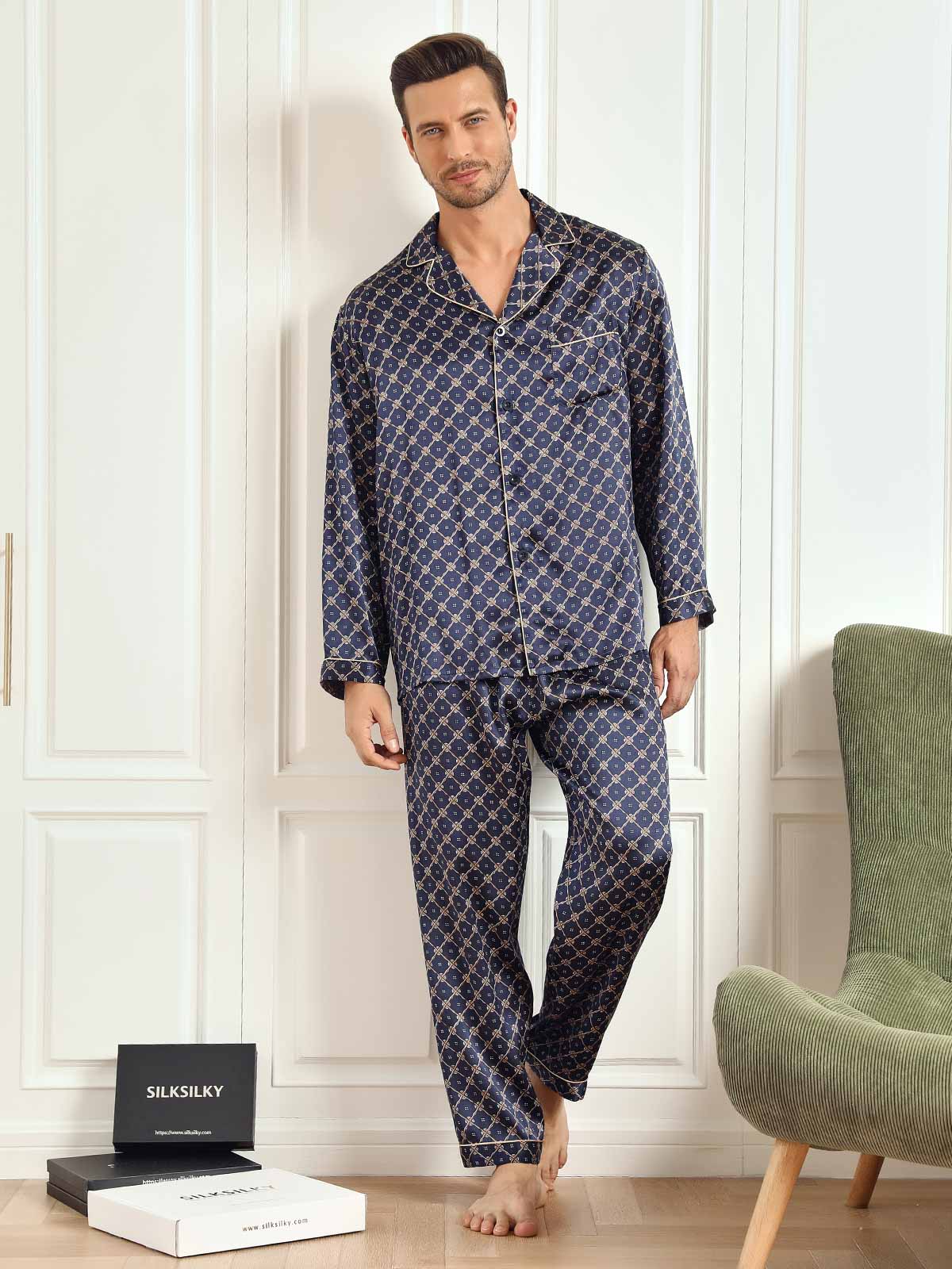 Ensemble De Pyjama Homme À Manches Longues En Soie Pure Avec Motif Chaîne Bleu Marine Et Pantalon - Image 8